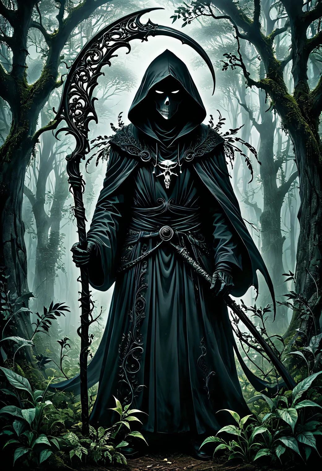 ((Dark Art)), ((Dark Fantasy style)), ((full anime)), ((Horror story)), The photo was taken with a Nikon Z 6II camera with a Nikon NIKKOR Z 24-120 mm lens, portrait of a Black Grim Reaper holding a large black scythe in his hand, dressed in a dark hoodie and hood, the branches around are intertwined with the stems of the surrounding plants of the magical forest, full body, full pose, style, grace, mesmerizing, the work of a master of black and white art, filigree, intricate, volumetric depth, illusion in the image, 35 mm, f/3, 1/25 sec., ISO 120.