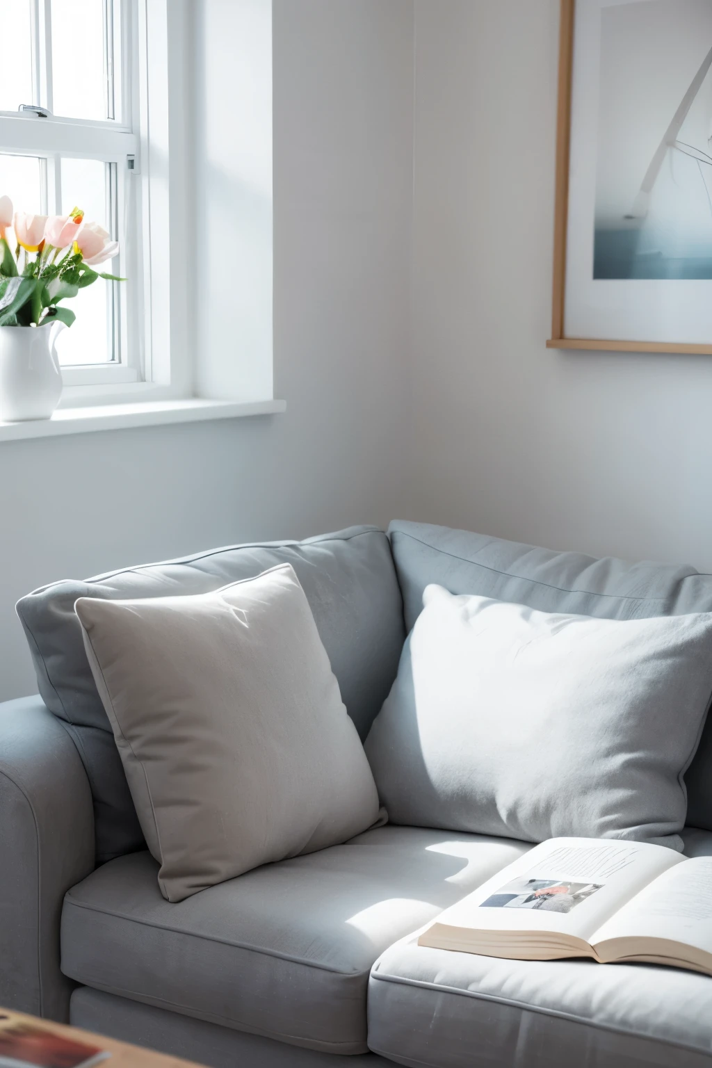 Close-up front view of a comfortable gray sofa with Many details, minimal design house, 9am light up, MacBook, Magazine, Book, vase, ((high quality)), ((Many details)), ((color) real)), ((real light)),Blurred background of windows and white wall,There are paintings on the wall