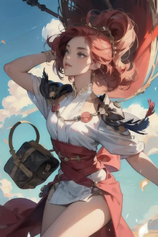 A girl with Afrocentric skin riding a broom, soaring through the sky amidst fluffy clouds. She is dressed in a flowing black robe, complemented by a vibrant red hair bow that adds a playful touch to her appearance. In one hand, she carries a stylish shoulder bag, hinting at her adventurous spirit. The image exudes a sense of magic and wonder, emphasizing the girl's grace and confidence as she effortlessly navigates the sky. The artwork is of the utmost quality, showcasing meticulous details that bring the scene to life. The colors are vivid and dynamic, capturing the eye and immersing the viewer in the enchantment of the moment. The lighting is soft, casting a warm glow on the girl and her surroundings, enhancing the overall dreamlike atmosphere.