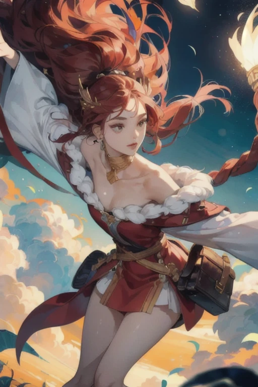 A girl with Afrocentric skin riding a broom, soaring through the sky amidst fluffy clouds. She is dressed in a flowing black robe, complemented by a vibrant red hair bow that adds a playful touch to her appearance. In one hand, she carries a stylish shoulder bag, hinting at her adventurous spirit. The image exudes a sense of magic and wonder, emphasizing the girl's grace and confidence as she effortlessly navigates the sky. The artwork is of the utmost quality, showcasing meticulous details that bring the scene to life. The colors are vivid and dynamic, capturing the eye and immersing the viewer in the enchantment of the moment. The lighting is soft, casting a warm glow on the girl and her surroundings, enhancing the overall dreamlike atmosphere.