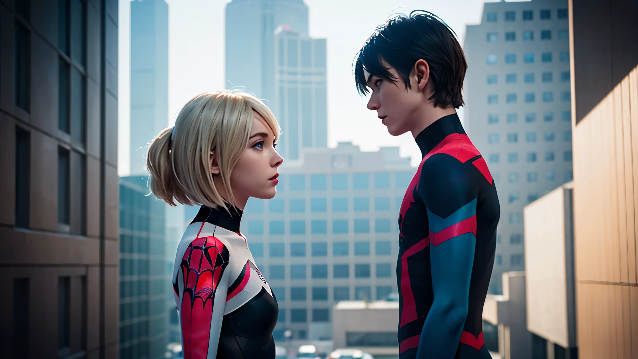 (((1 girl))), ((Spider-Gwen)), ((Spider-Gwen Outfit)), ((Spider-Gwen Haircut)), Textur, filmgrain, Hautporen, dusty atmospheric haze, Vignettierung, Falten, komplizierte Details:0.2 Intricate dramatic cinematic movie stills of a beautiful, elegant, Augenkontakt, (herablassendes, wirkliches Leben, HDR (Hoher dynamischer Bereich), Raytracing, NVIDIA RTX, super resolution, Unreal 5, selbstbewusstes Grinsen)1.2, (niedriger Winkel)1.2, Bokeh im Vordergrund, hasselblad RAW dramatisches Foto, (blue eyes), (city in Background), ((High detailed eyes))