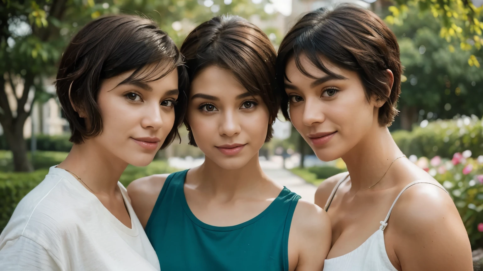 [1] realistic image of several women with short hair, including pixie cut, chanel cut, short bob, and mullet
[2] A realistic depiction of a group of diverse women, each with a different stylish short haircut: pixie cut, chanel cut, short bob, and mullet, standing together and smiling.
[3] An urban park with lush greenery, vibrant flowers, and a clear blue sky, providing a natural and lively backdrop.
[4] The atmosphere is joyful and inclusive, celebrating diversity and individuality through various trendy hairstyles.
[5] High-resolution photography.
[6] Captured with a Nikon D850, f/2.8 aperture, with natural daylight enhancing the vibrant colors and details.
[7] No blur, pixelation, overexposure, underexposure, artificial lighting, or cluttered backgrounds.