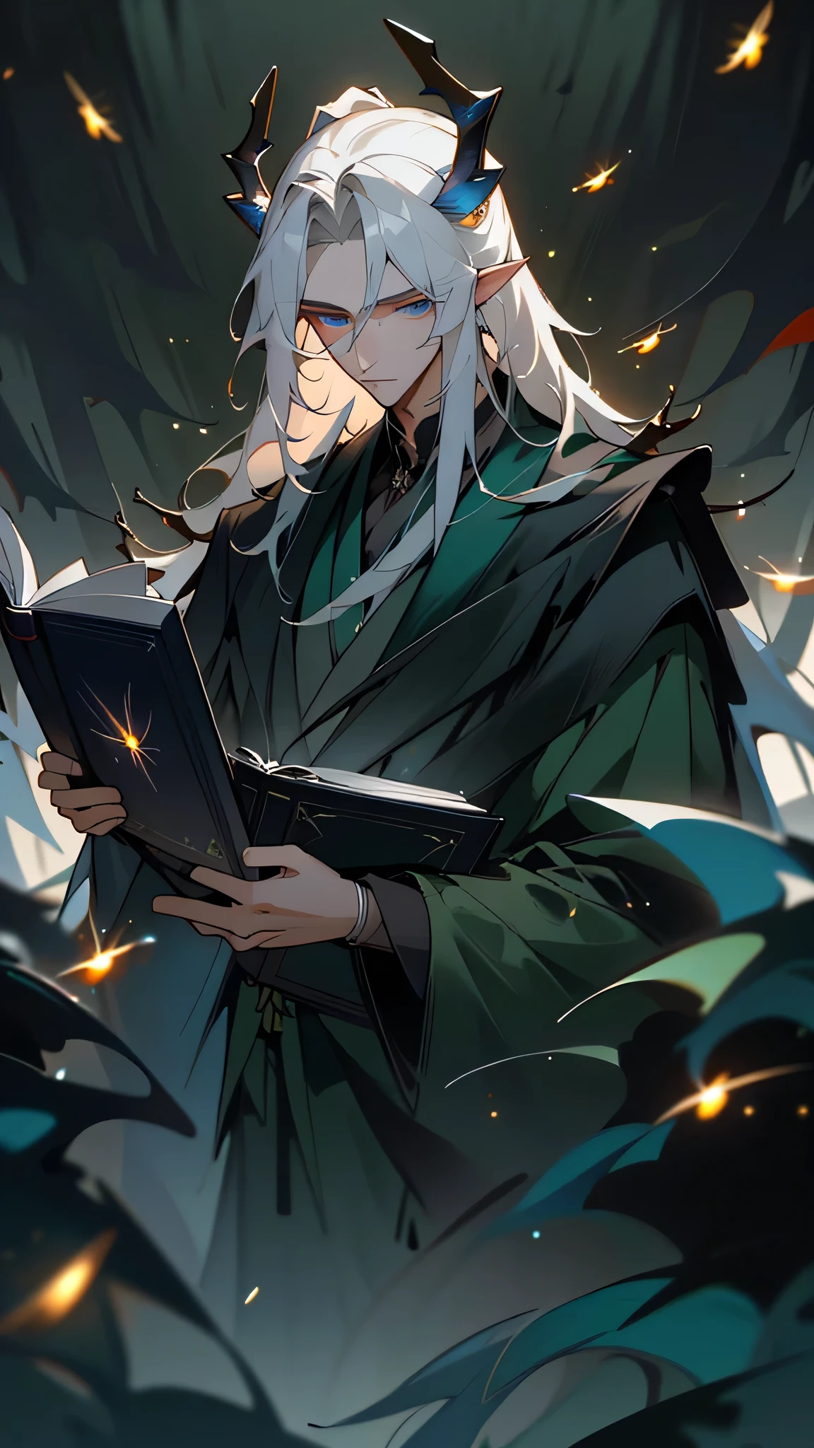 Masterpiece, Best Quality, High Quality, (Long Hair, White Hair), Close up, (glowing light blue eyes), (Darkness:1.2), (Fair Skin), (1Man, Mythical Creatures, Dark Green Robe) , Solo, Calm, Antlers Deer Horns, (dynamic angle), pointy_ears, magic book, Nature, Fantasy, Abstraction, Deep Forest, Dark Forest, Award-winning photography, Depth of field, HDR, Very detailed, Trending in art stations, Trending in CGsociety, Complex, High detail,(Masterpiece:1.2, Best Quality), (Best Lighting, Very Delicate and Handsome), (Best Lighting, Very Delicate and Handsome), (Handsome Detailed Face), (Detailed Eyes and Detailed Face:1.2), Dark Fantasy,  (depth of field),high contrast, (darkness night:1.4), (fireflies:1.4), Magnificent Dark Forest, Night