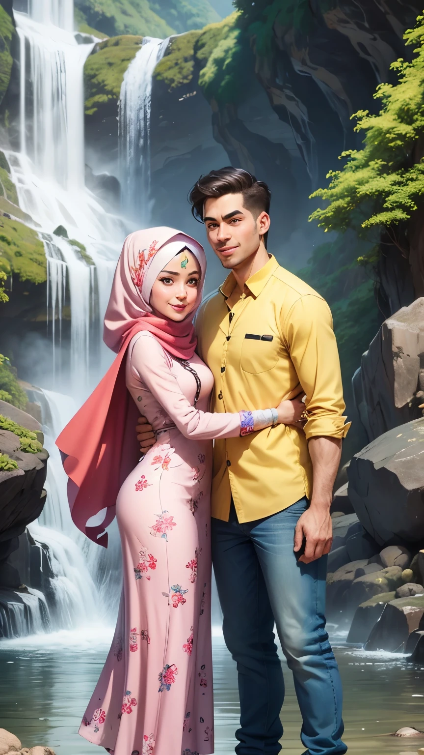  8k,3D,cartoon image, man wearing jean, and (woman wearing long flowing floral baju kurung and hijab, modest clothing) , waterfall background, cartoon art style, cute cartoon, cartoon art, in cartoon style, portrait, cartoon art digital, full body or portrait, cartoon art style, caricature illustration, caricature style, couple, cartoon digital art, realistic cartoon, happy couple, lovely couple, full portrait, cartoon portrait, cartoon style illustration, couple pose, check background. Waterfall in Flores