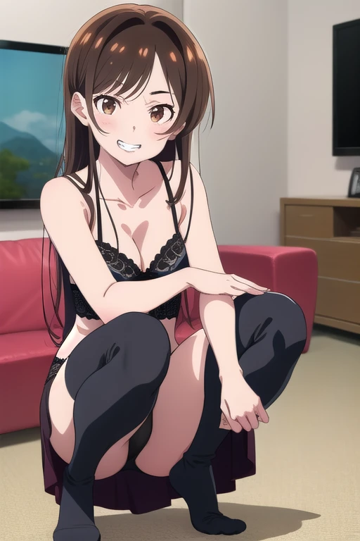 (1 girl), (brown eyes), (Intricate iris detailing), (front),  squatting:1.5, black lingerie, black stockings, grin smile, (Lower your eyes), (Chizuru Mizuhara), (living room background)