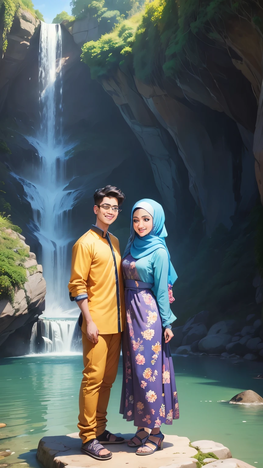 8k,3D,cartoon image, man wearing jean, and (woman wearing long flowing floral baju kurung and hijab, modest clothing) , waterfall background, cartoon art style, cute cartoon, cartoon art, in cartoon style, portrait, cartoon art digital, full body or portrait, cartoon art style, caricature illustration, caricature style, couple, cartoon digital art, realistic cartoon, happy couple, lovely couple, full portrait, cartoon portrait, cartoon style illustration, couple pose, check background. Waterfall in Flores