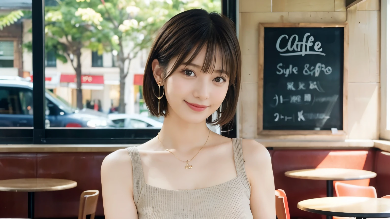 super high quality, Short Hair, Slender, Gravure photoshoot, The staff is working at the counter in the back., (8k、RAW Photos、highest quality、masterpiece:1.2), Japanese Idol, Shaggy, Stylish café, The cafe is crowded with people enjoying themselves., (Realistic、Photorealistic:1.37), Mesh Hair, Urban Cafe, Golden Ratio, Raw photo, Cute face , Light Brown Hair, Earrings, Small breasts, tight knit dress, Bright cafe interior, Beauty salon model, Spring Clothes, necklace, Spoiled, Cafe Terrace, Open Cafe, Open Cafeの前に高級車, Smile, Hair blowing in the wind, Neat clothes, 18-year-old, younger sister,