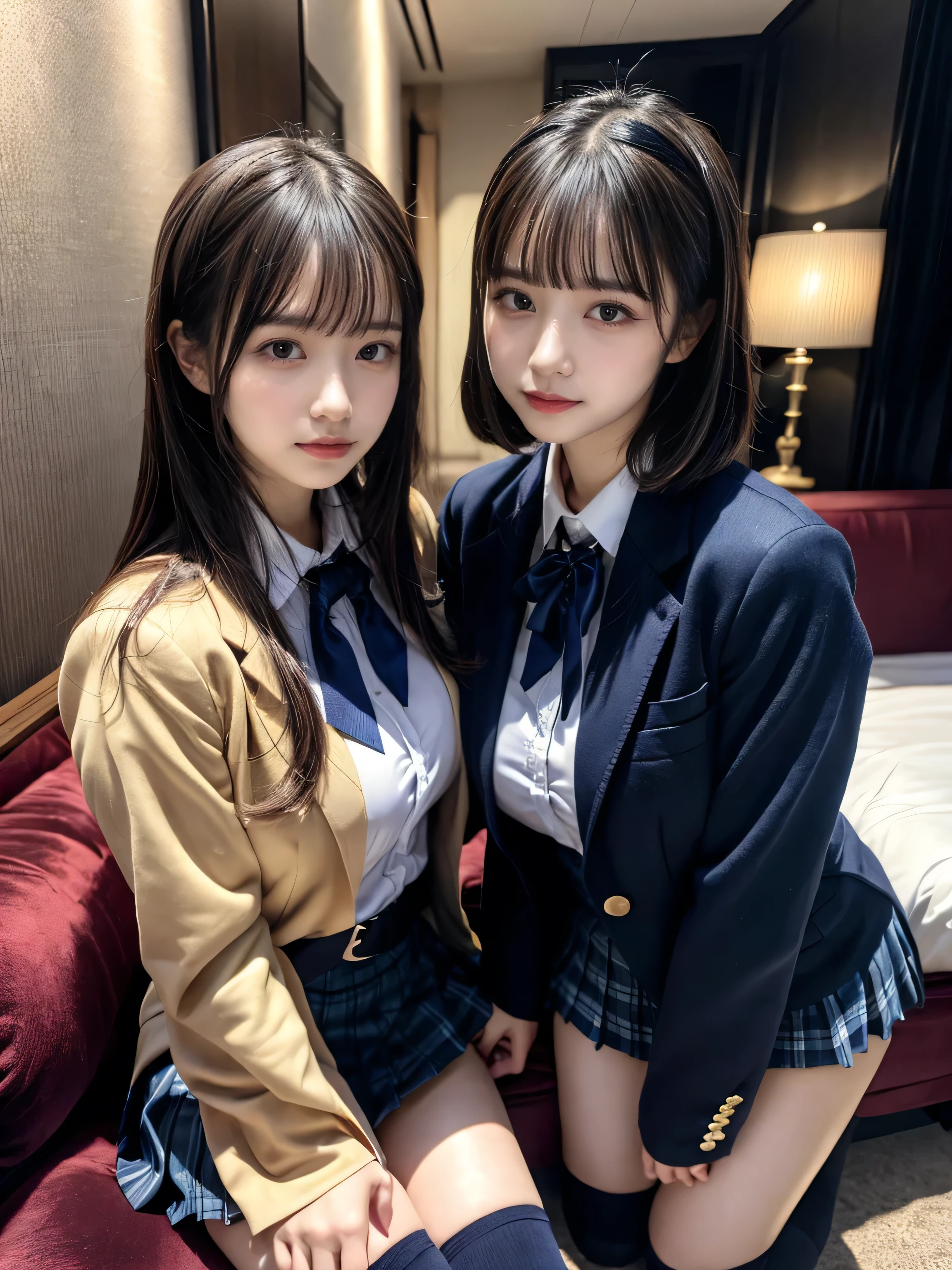 (8K, Raw photography, top-quality, masterpiece:1.2), muster piece, best quality, illustration, Super detailed, fine details, High resolution, 8K,wall paper, perfect dynamic composition,(Details High quality, realistic depiction of eyes:1.3), ((2 girls, 2 schoolgirls)), The background is a luxury hotel room、High school girl uniform、blazer 、Super Short Check Uniform Skirt、Navy blue high socks、garterbelts、Colossal tits、Disturbed uniform, Play with each other,Touching each other's bodies,Touching the body of the girl next door, short bob hair, black hair color, huge breasts, Big Natural Color Lip, bold sexy pose, (perfect body shape), crying a little、cold gaze, Harajuku style、Beautiful makeup,glitter makeup,Cutest 18 years old、 beautiful legs, hposing Gravure Idol, Voluptuous thighs