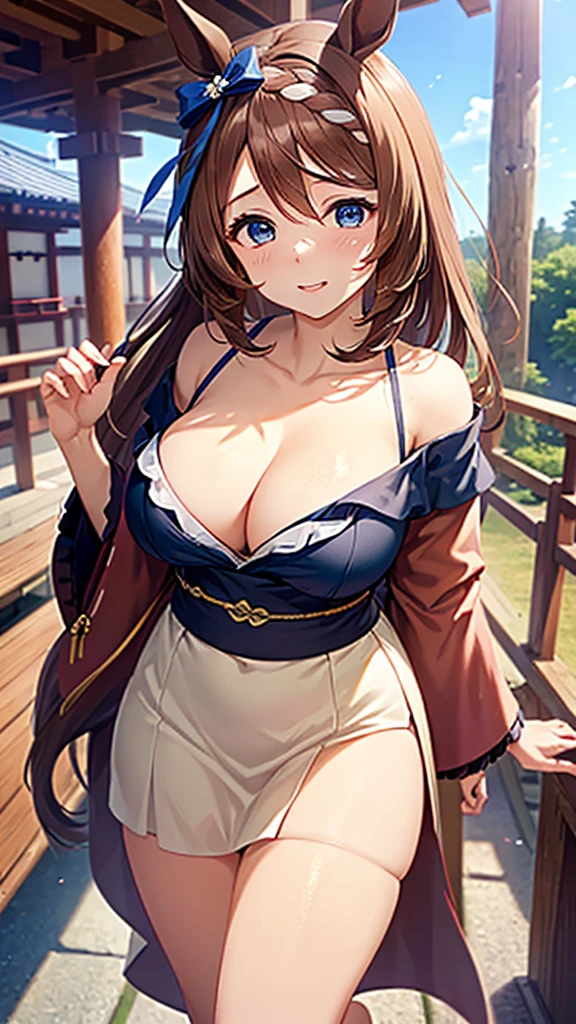 (((masterpiece))),(((High resolution)))、(((8K)))、super creek \(umamusume\)、(((perfect face)))、(((beauty of japan)))、40 years old、(((beautiful face))), (((off shoulder dress))), embarrassed look, look at the camera, (thighs)、top quality eyes, detailed texture, look at the camera, standing, big tits, plump