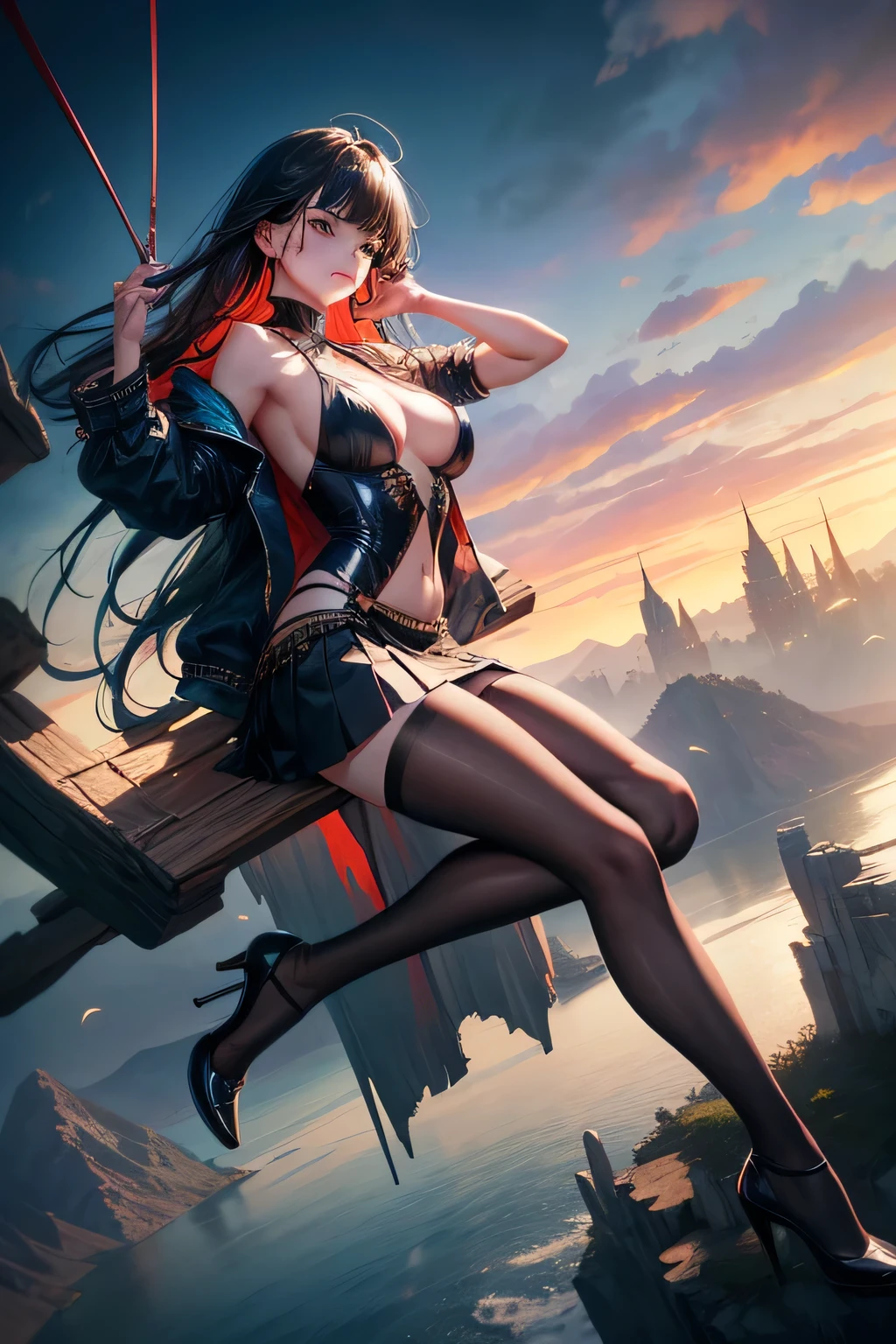 （From the outside） ， Many colors，Best Quality，8K，Actual Photos，Delicate skin details，T Masterpiece，Realistic photos，Intricate details，Raw Photogram,Smile、Extra Long Hair，Cropped shoulders，Delicate face，Cleavage exposed，Jacket，skirt，Decoration，Perfect Fingers，The anatomy is correct，(large room，0.8)，Big cubby hips，Glossy Skin，Shooting from the front (Mastepiece), Best Quality, Top quality, Detailed and complex, Creative, Esbian all over, High resolution, (),Extremely detailed_Eyes, Sexy chest, Simple diamond earrings, Detailed skin, Fingernails, Beautiful hands, Black High Heels, Black short skirt uniform, On the plane（(In-flight：1.2, Motion Capture)), Rear view, Perfect Anatomy,Simsborg、(Dark brown eyes)Create images with a sense of depth and three-dimensionality,(1 Female:1.2),Onimusu, Analog 150mm lens、Beautiful natural soft rim light、mountains、sea of clouds、Asahi、hope、grow、(1 Female:1.2),Giant Swing、Fly over the mountains,)Devastation,Movement angle, Glass Art, [Art by Lyubov Popova], Octane Render, Official Art, Unity 8K Official Art, unity 8k wallpaper, Super detailed, Beautiful and aesthetic, (Extremely detailed, Movement angle, The most beautiful form of chaos, Elegant, Brutalist Design, Bright colors, Romanticism, James Jean, Robbie Dowie Anton, Ross Tran, Francis Bacon, Michal Mraz, Adrian Ghenie, Petra Cortright, Gerhard Richter, Takato Yamamoto, Ashley Wood, Atmospheric,