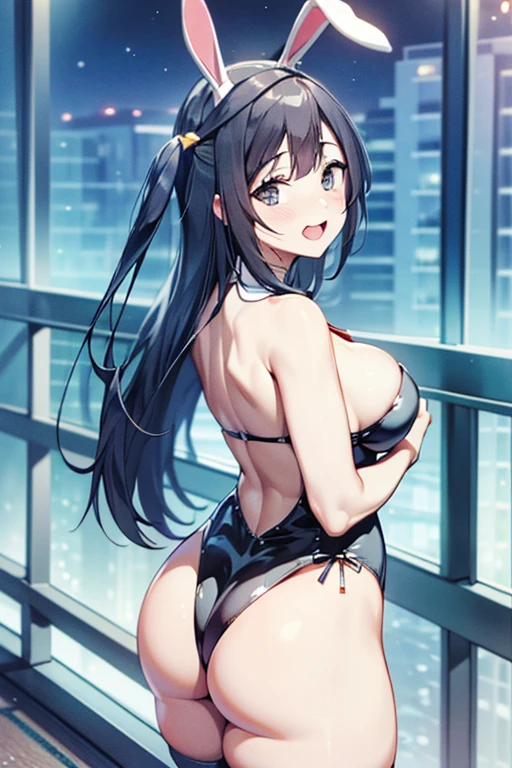 (highest quality、highest quality、4K,Chubby,Midnight Night View,Super popular gravure model、Beautiful woman with large saggy breasts and a saggy ass、whole body、)Very flashy(Playboy Bunny)、High-rise apartment building, High floors、balcony、Feel the night breeze while watching the night view、