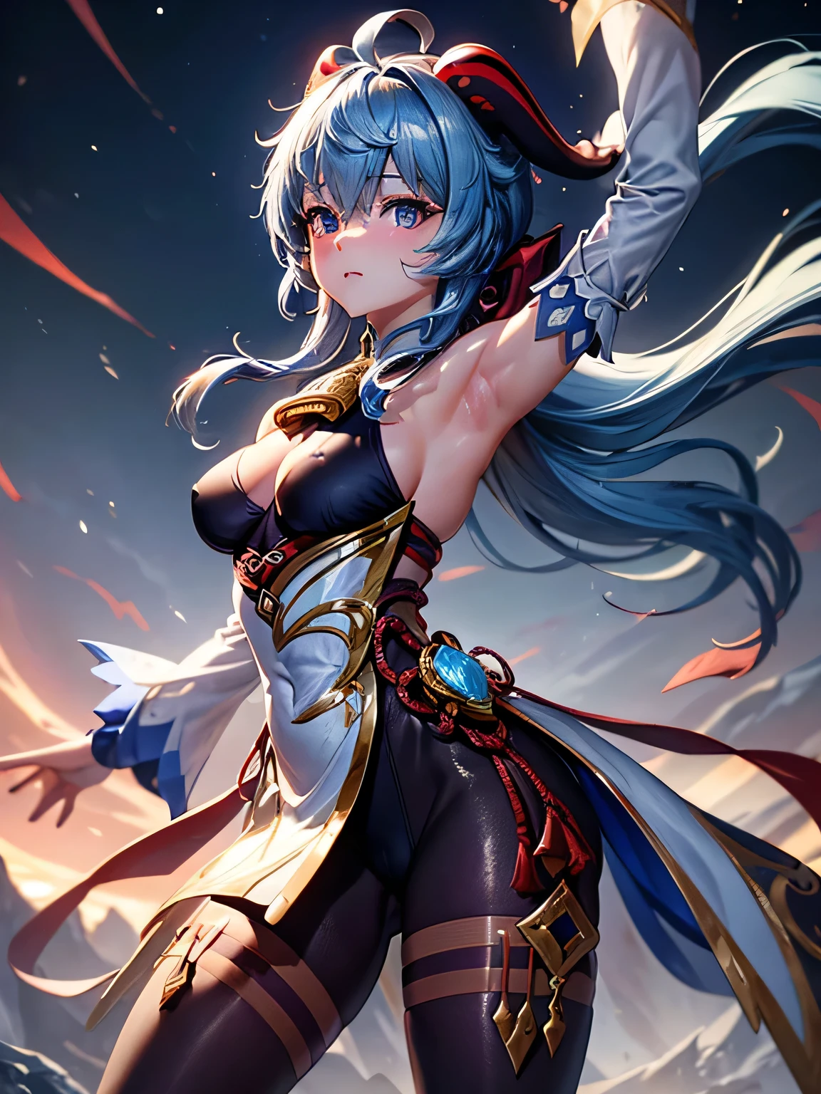 [ganyudef]:1.5,((masterpiece,highest quality,Detailed images,Beautiful images))1.4(ganyu images、Serious expression、Put a yell、Aura rises、battlefield、Bright lighting overall、Backlight、A fantastic atmosphere、Thick Fog)1.1(Beautiful body lines、small beauty breasts、Beautiful side breasts、Beautiful armpits)swirling energy, dynamic pose,
