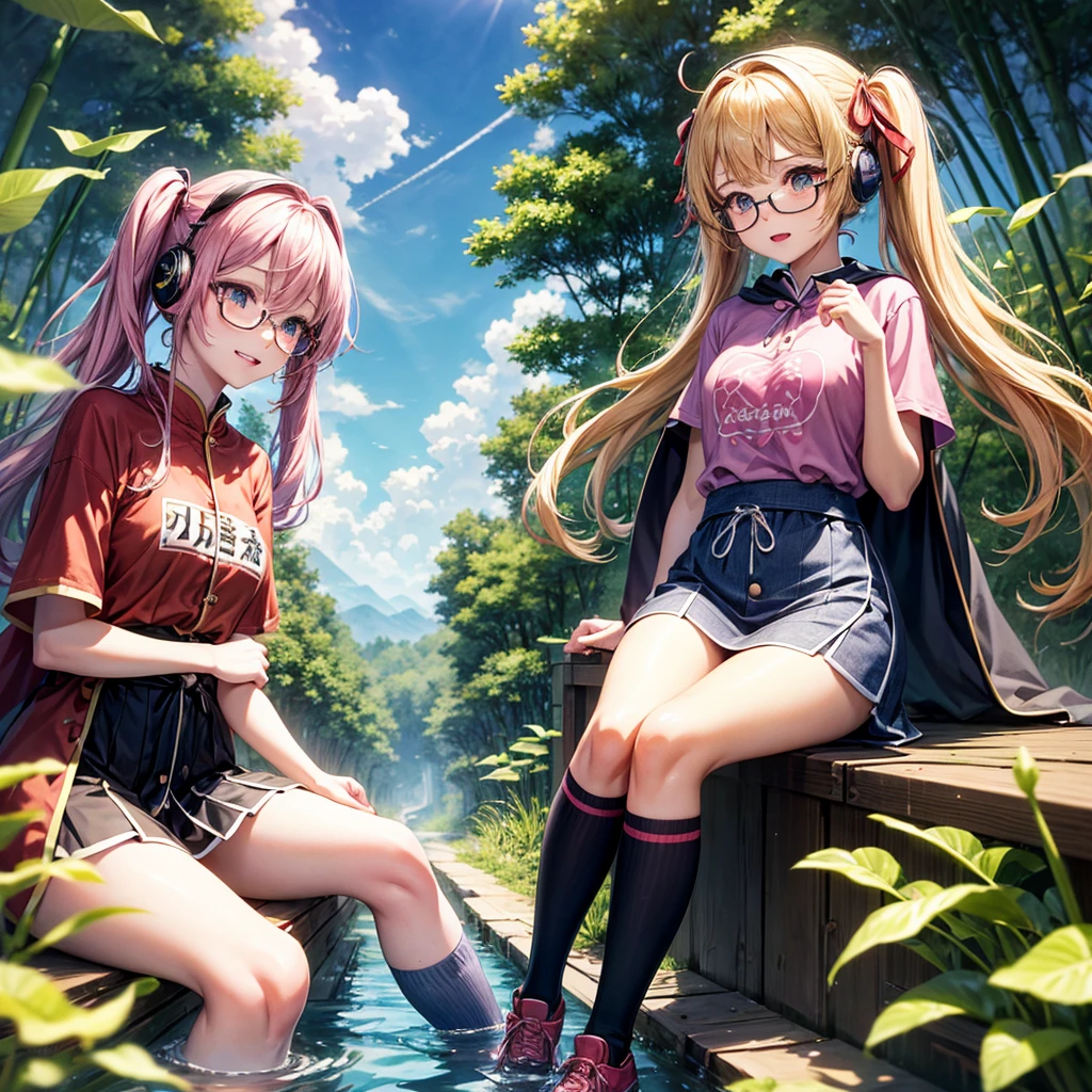 Pink Blue Gold Golden Hair、Golden Eyes、Two good looking girls、Twin tails、solo、anime、Checkered mini skirt、The skirt has buttons、Red T-shirt、China、Cape、Black knee-high socks、Wearing headphones、Wearing a ribbon、Ribbon on waist、Tilting face、Teeth are visible、Sunset sky、Water Mountain、Piercing the clouds、Contrail、Glasses、tree、Sitting、Touching your face、lotus leaves、canal、Cumulonimbus、bamboo forest、Facing each other