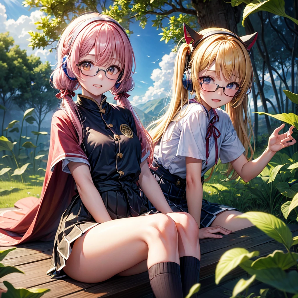Pink Blue Gold Golden Hair、Golden Eyes、Two good looking girls、Twin tails、solo、anime、Checkered mini skirt、The skirt has buttons、Red T-shirt、China、Cape、Black knee-high socks、Wearing headphones、Wearing a ribbon、Ribbon on waist、Tilting face、Teeth are visible、Sunset sky、Water Mountain、Piercing the clouds、Contrail、Glasses、tree、Sitting、Touching your face、lotus leaves、canal、Cumulonimbus、bamboo forest、Facing each other