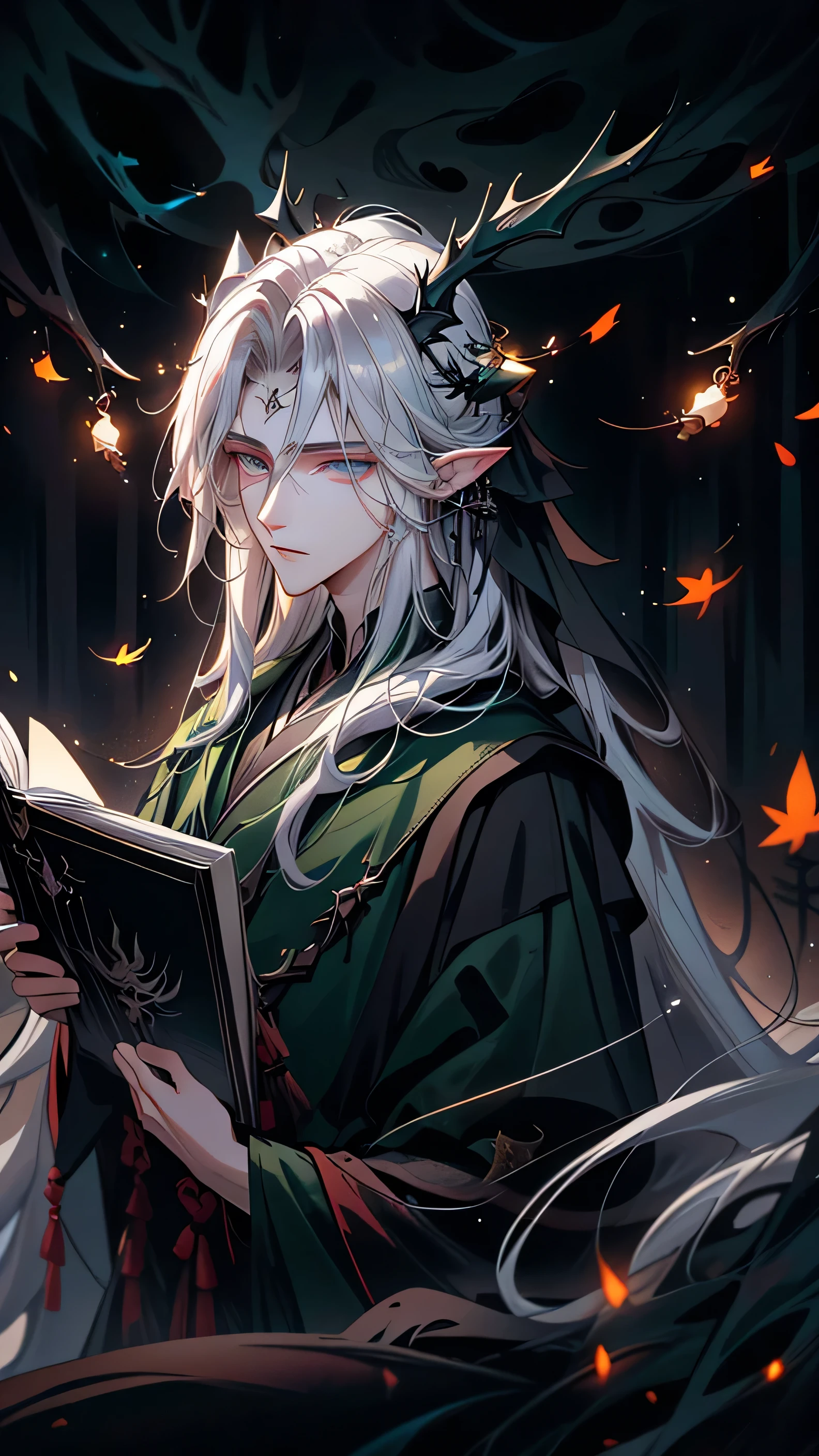 Masterpiece, Best Quality, High Quality, (Long Hair, White Hair), Close up, (glowing light blue eyes), (Darkness:1.2), (Fair Skin), (1Lady, Mythical Creatures, Dark Green Robe) , Solo, Calm, Antlers Deer Horns, (dynamic angle), pointy_ears, magic book, Nature, Fantasy, Abstraction, Deep Forest, Dark Forest, Award-winning photography, Depth of field, HDR, Very detailed, Trending in art stations, Trending in CGsociety, Complex, High detail,(Masterpiece:1.2, Best Quality), (Best Lighting, Very Delicate and Handsome), (Best Lighting, Very Delicate and Handsome), (Handsome Detailed Face), (Detailed Eyes and Detailed Face:1.2), Dark Fantasy,  (depth of field),high contrast, (darkness night:1.4), (fireflies:1.4), Magnificent Dark Forest, Night