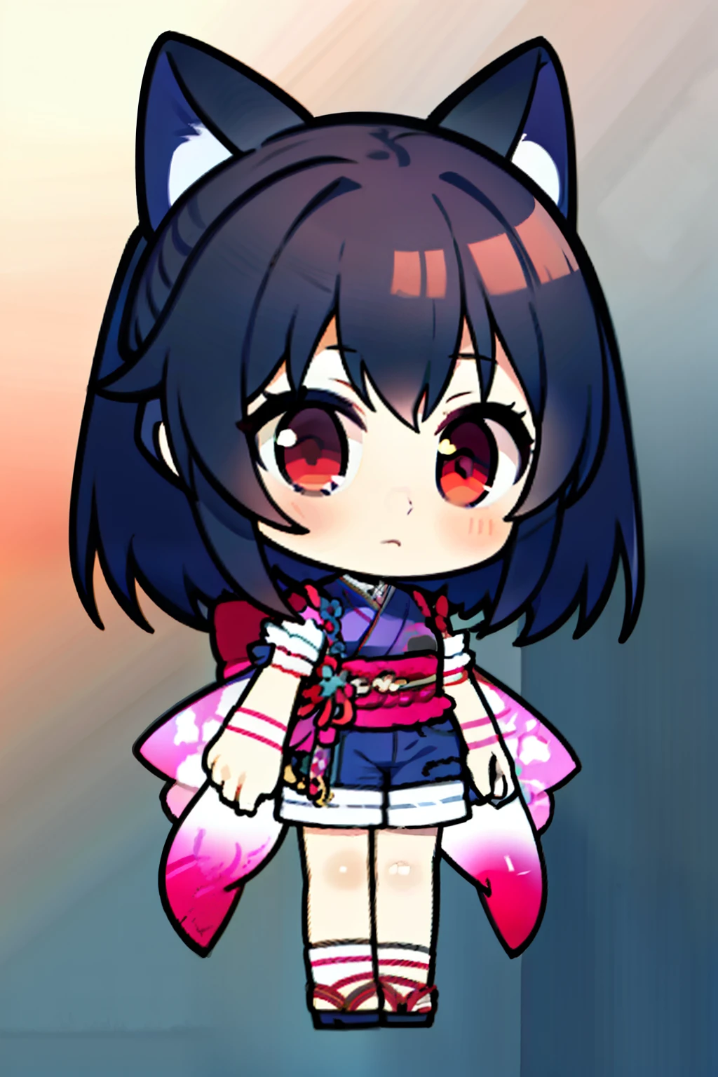 Anime girl with red eyes and black hair wearing short sleeves and shorts, Anime style, Anime style, Anime style插图, Anime style角色, Anime cute art style, 扁平Anime style, Anime Q version, 《Q version girl》, chibi anime girl, anime style portrait, chibi anime, Official Fanart, 日本Anime style, Official fan art, 可爱的Anime style, Yandere，Game Villain，Character profile
