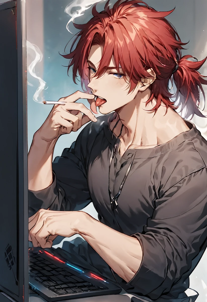 A tall, sexy, strong, handsome red-haired boy playing on his gamer PC while smoking and sticking out his tongue 