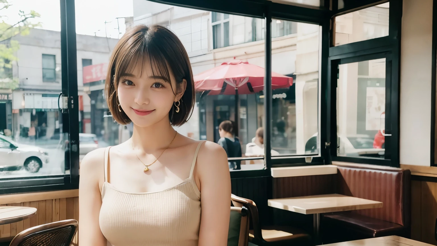 super high quality, Short Hair, Slender, Gravure photoshoot, The staff is working at the counter in the back., (8k、RAW Photos、highest quality、masterpiece:1.2), Japanese Idol, Shaggy, Stylish café, The cafe is crowded with people enjoying themselves., (Realistic、Photorealistic:1.37), Mesh Hair, Urban Cafe, Golden Ratio, Raw photo, Cute face , Light Brown Hair, Earrings, Small breasts, tight knit dress, Bright cafe interior, Beauty salon model, Spring Clothes, necklace, Spoiled, Cafe Terrace, Open Cafe, Open Cafeの前に高級車, Smile, Hair blowing in the wind, Neat clothes, 18-year-old, younger sister,