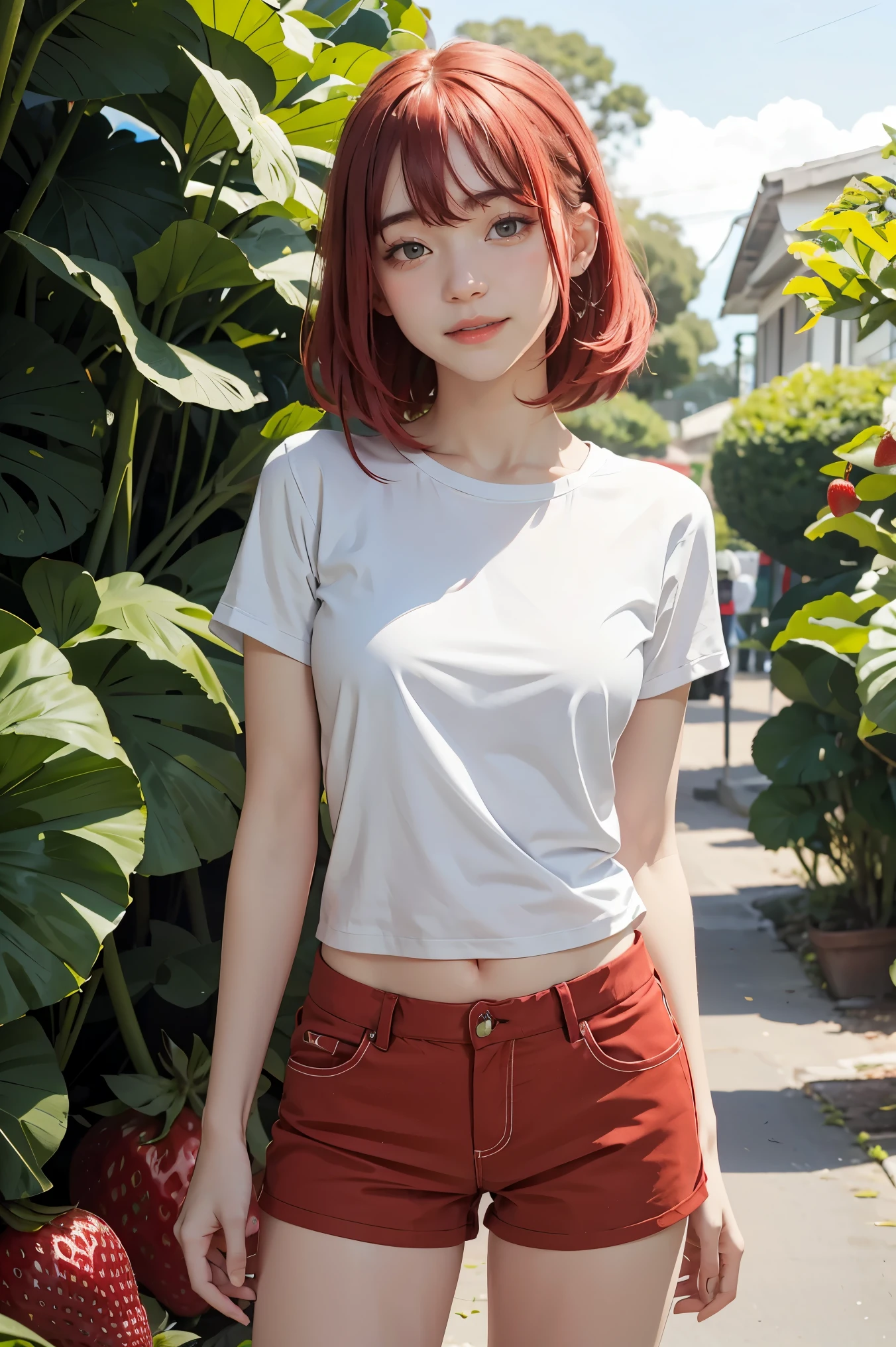 best quality, ultra high res, 1 girl, red hair, green eyes, short and thin body, wearing a white shirt and shorts, ((shy expression)), strawberry field