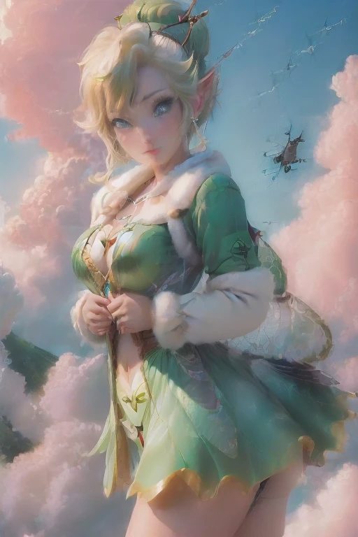 masterpiece, 8k, Perfect lighting, ,Adult , woman, Show Viewer, Cinema Lighting, Cowboy Shot,  (Tinkerbell:1.5),( (TinkerbellWaifu:1.1)), Single hair bun, (緑のwinter用コート), (Green clothes), ((clothes made from leaves)), Pointy Ears, blue eyes, (fine grain:1.2), blush, zoom out,(((fly in the sky))), (((fly in the sky:1.8))), cloud, , winter, snow,   