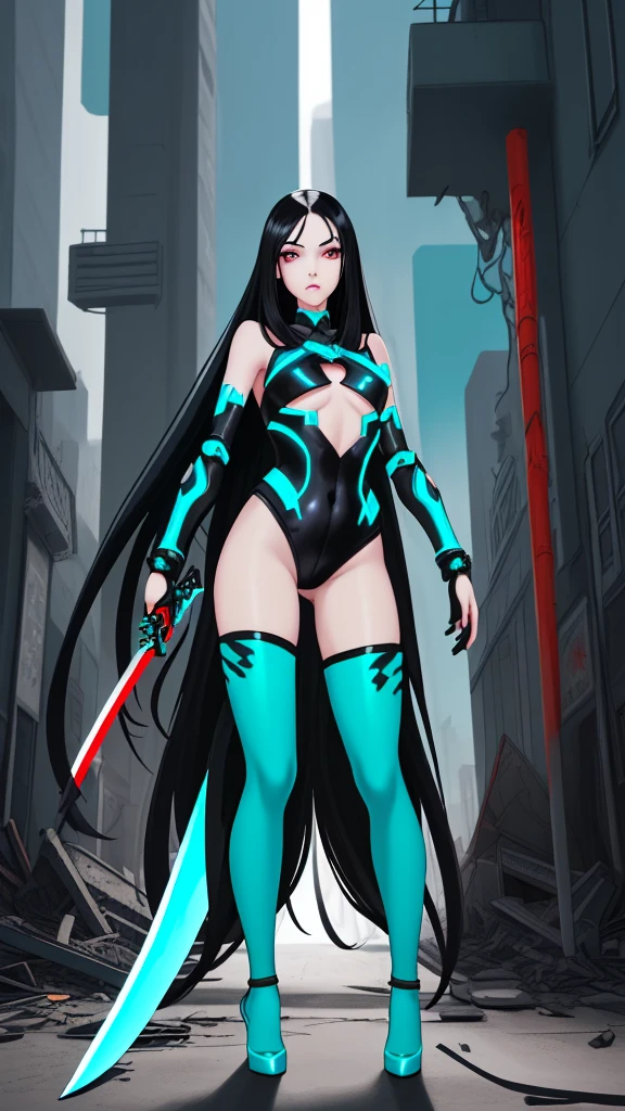Young woman with long straight black hair, Side Mao Insult, Female swordsman, turquoise fluorescent full-body tights, Sci-fi armor, Chest, cleveage, , tights, High heel, apocalyptic ruined city