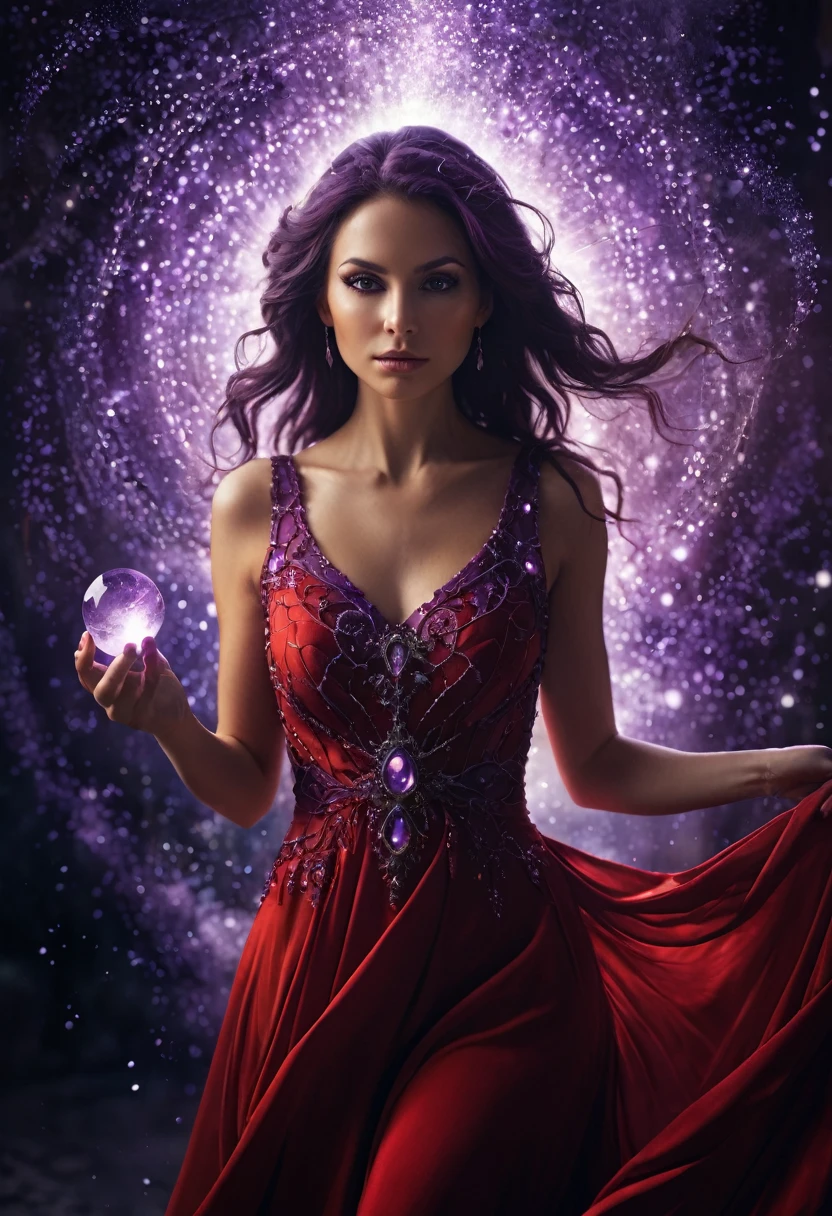 realism, realistic photography of a woman psychic, backlighting, beautiful whimsical fantasy art concept, detailed background, glowing particles, amethyst theme, intricate details, ultra sharp hyperkraximalism, chaos, red dress