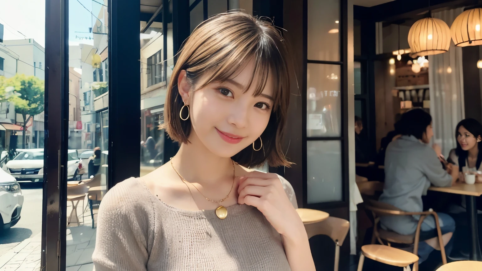 super high quality, Short Hair, Slender, Gravure photoshoot, The staff is working at the counter in the back., (8k、RAW Photos、highest quality、masterpiece:1.2), Japanese Idol, Shaggy, Stylish café, The cafe is crowded with people enjoying themselves., (Realistic、Photorealistic:1.37), Mesh Hair, Urban Cafe, Golden Ratio, Raw photo, Cute face , Light Brown Hair, Earrings, Small breasts, tight knit dress, Bright cafe interior, Beauty salon model, Spring Clothes, necklace, Spoiled, Cafe Terrace, Open Cafe, Open Cafeの前に高級車, Smile, Hair blowing in the wind, Neat clothes, 18-year-old, younger sister, 
