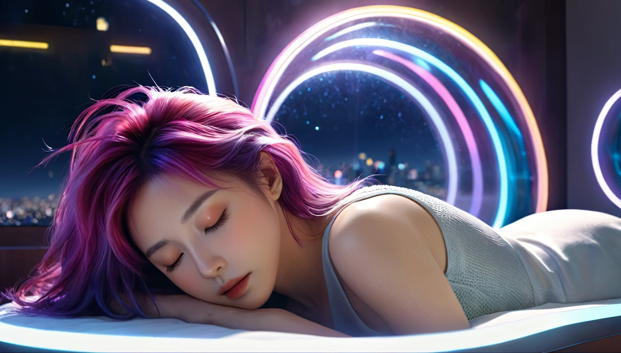 (best quality,8k,ultra-detailed:1.2),(CG,CG art,3D rendering),(masterpiece:1.2),（Crawling on the table），（Sexy clothing），(movie lighting,futuristic),(woman lying in bed,sleeping,closed eyes),(large window behind her,tranquil night),(colorful hair:1.5)