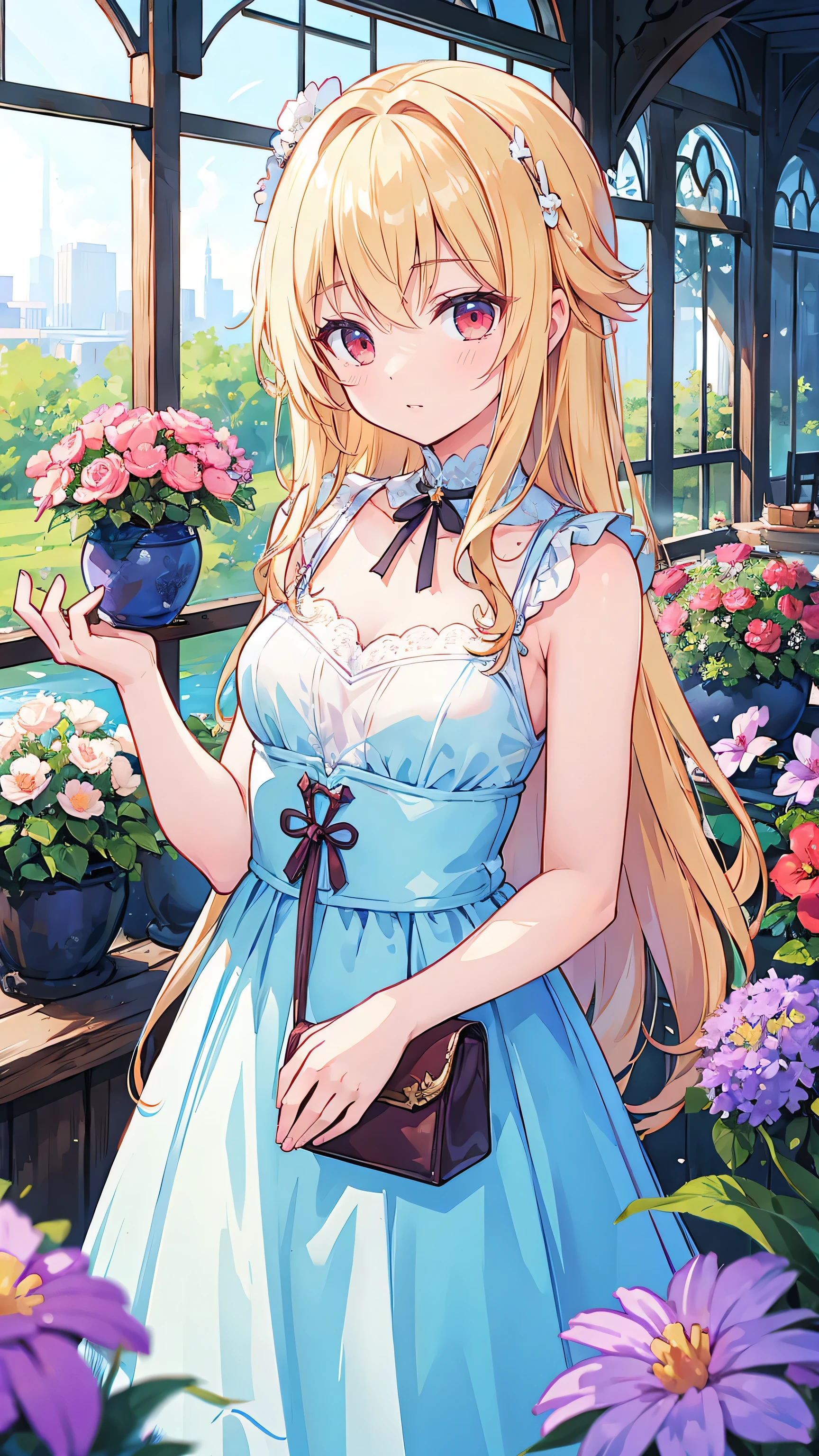 Very delicate and beautiful, wonderful, In detail, masterpiece, Super detailed, High resolution,Best illustrations, Best Shadow,Complex,Sharp focus, high quality, 1 male, alone, Blonde. Red eyes, Kaveh Genshin Impact, Glass greenhouse, Potted flowers, Flowers for sale, Man looking at flowers, Flowers are blooming everywhere