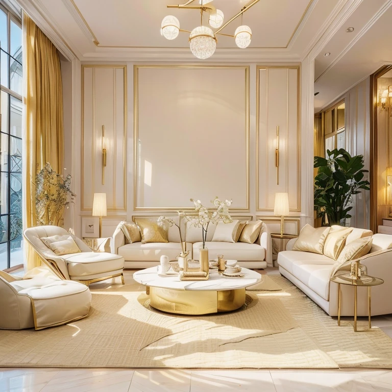 ，Masterpiece, Best quality，8K, Ultra-high resolution，When you step into the living room，Immediately surrounded by a rich atmosphere of luxury。Ornate crystal chandeliers hang high on the wall，Shine brightly。The sofa was covered with a soft white fluffy blanket，It is so comfortable，So much so that you can't help but indulge in it。In the corner of the living room is a delicate coffee table，Embellished with precious porcelain and champagne gold ornaments。Whenever it is late afternoon，The afterglow from the window spilled on the floor，Soft light and shadow are reflected，It was as if entering a dreamland。