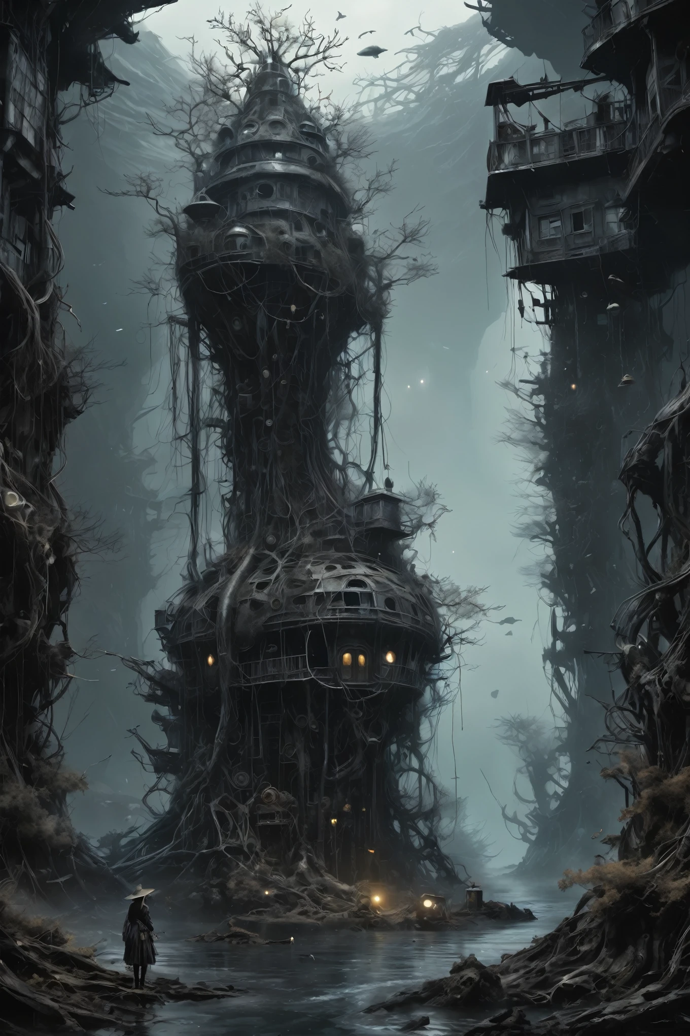 steampunk fantasy, charocoal plant witch made of dead plants huntering, black and white color mechanical clockwork Spaceship under sea, ominous landscapes, glowing, cinematic,ruined,ruined theme,lots of dust,amazon,full body length,maybe pretty face,full body length, eerie atmosphere, ethereal presence, swirling mists, supernatural entities, demonic essence, shadowy forms, dark and twisted branches, macabre elements, otherworldly beauty,Ethereal otherworldly charm,Complicated details,Exquisite features,Surreal atmosphere,captivating creation,After tsunami,Maritime bazar of science and technology,like Stone Forest in Yunnan Province of Zambia,Simon Stalenhag,Nicola Samori,Wangechi Mutu,intricate details,realism,realistic,extremely detailed,masterpiece,intricate details,eyes extremely detailed, high detailed eyes,32k resolution, Nikon Z9