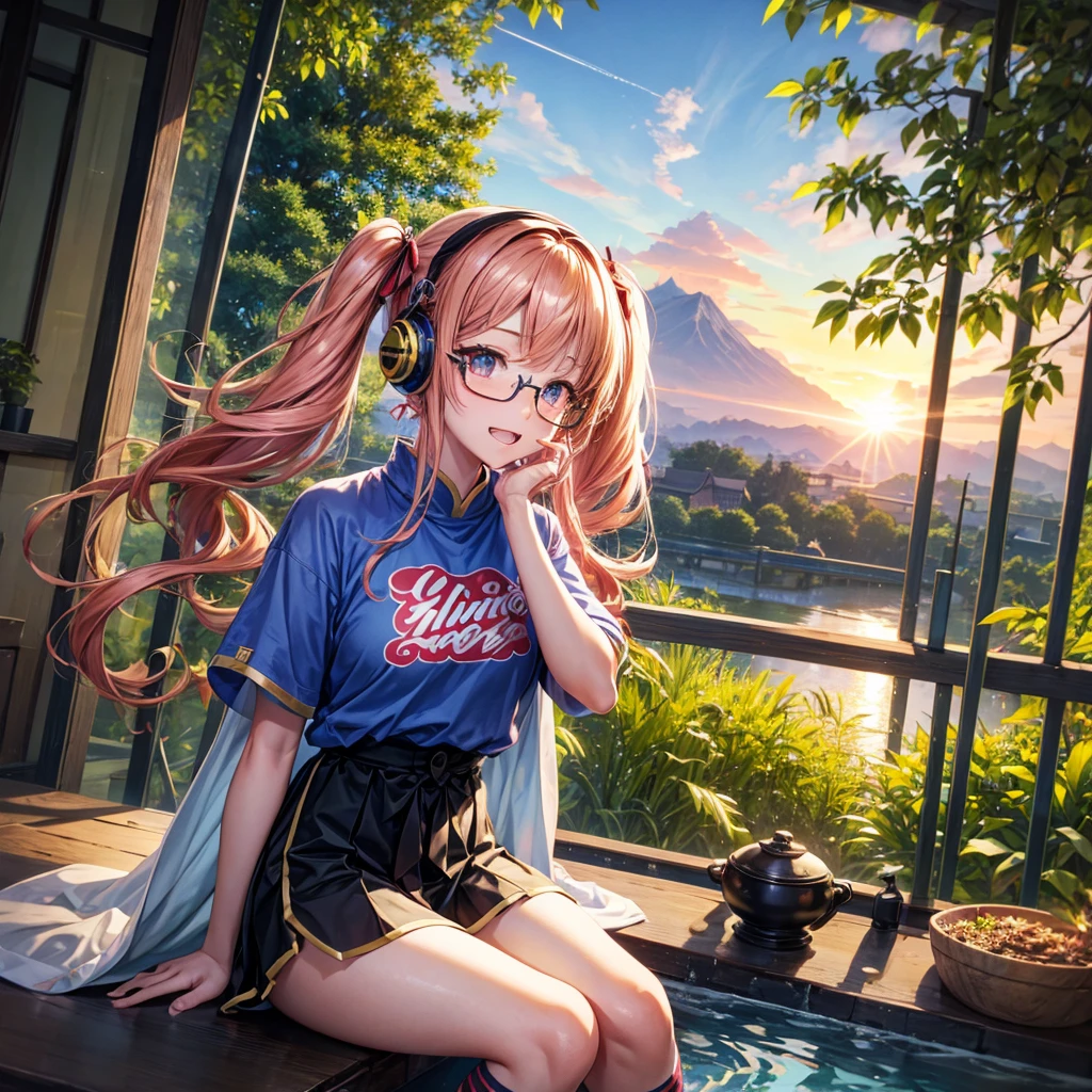 Pink Blue Gold Golden Hair、Golden Eyes、Two good looking girls、Twin tails、solo、anime、Checkered mini skirt、The skirt has buttons、Red T-shirt、China、Cape、Black knee-high socks、Wearing headphones、Wearing a ribbon、Ribbon on waist、Tilting face、Teeth are visible、Sunset sky、Water Mountain、Piercing the clouds、Contrail、Glasses、tree、Sitting、Touching your face、lotus leaves、canal、Cumulonimbus、bamboo forest、Facing each other