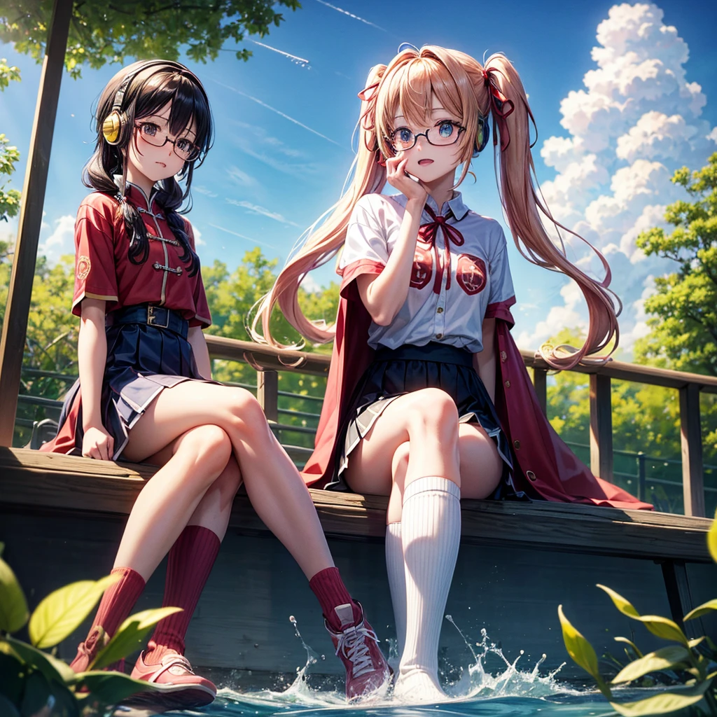 Pink Blue Gold Golden Hair、Golden Eyes、Two good looking girls、Twin tails、solo、anime、Checkered mini skirt、The skirt has buttons、Red T-shirt、China、Cape、Black knee-high socks、Wearing headphones、Wearing a ribbon、Ribbon on waist、Tilting face、Teeth are visible、Sunset sky、Water Mountain、Piercing the clouds、Contrail、Glasses、tree、Sitting、Touching your face、lotus leaves、canal、Cumulonimbus、bamboo forest、Facing each other