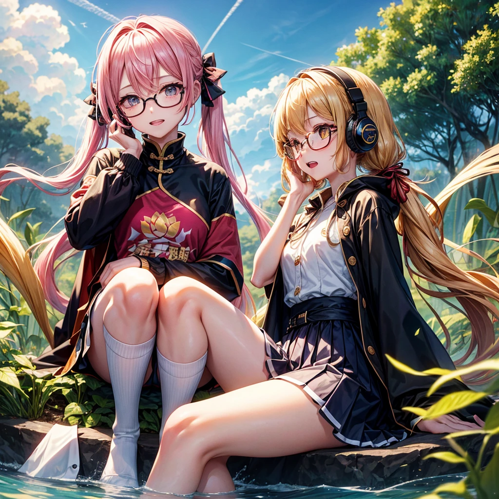 Pink Blue Gold Golden Hair、Golden Eyes、Two good looking girls、Twin tails、solo、anime、Checkered mini skirt、The skirt has buttons、Red T-shirt、China、Cape、Black knee-high socks、Wearing headphones、Wearing a ribbon、Ribbon on waist、Tilting face、Teeth are visible、Sunset sky、Water Mountain、Piercing the clouds、Contrail、Glasses、tree、Sitting、Touching your face、lotus leaves、canal、Cumulonimbus、bamboo forest、Facing each other