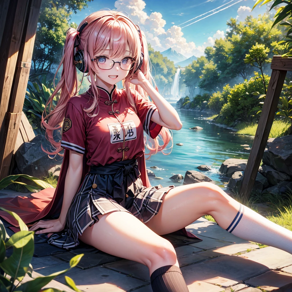 Pink Blue Gold Golden Hair、Golden Eyes、Two good looking girls、Twin tails、solo、anime、Checkered mini skirt、The skirt has buttons、Red T-shirt、China、Cape、Black knee-high socks、Wearing headphones、Wearing a ribbon、Ribbon on waist、Tilting face、Teeth are visible、Sunset sky、Water Mountain、Piercing the clouds、Contrail、Glasses、tree、Sitting、Touching your face、lotus leaves、canal、Cumulonimbus、bamboo forest、Facing each other