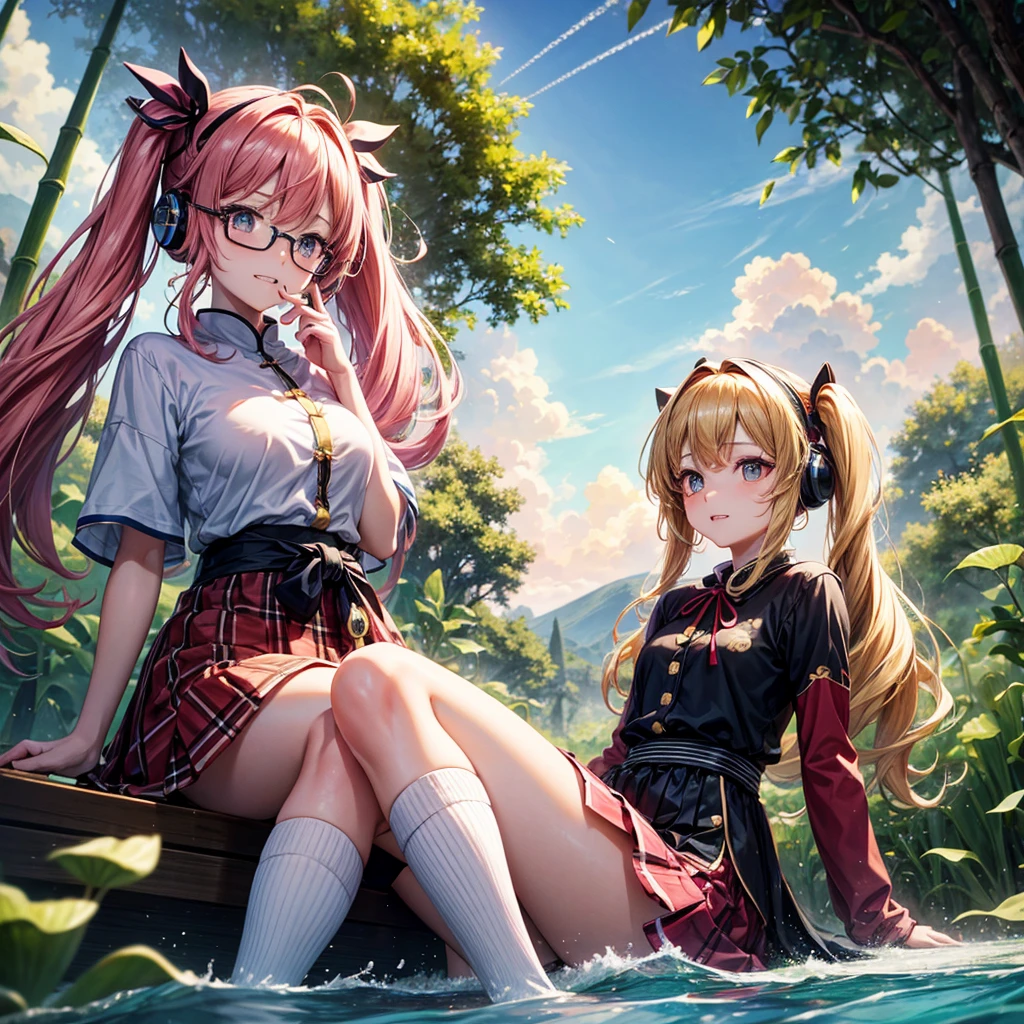 Pink Blue Gold Golden Hair、Golden Eyes、Two good looking girls、Twin tails、solo、anime、Checkered mini skirt、The skirt has buttons、Red T-shirt、China、Cape、Black knee-high socks、Wearing headphones、Wearing a ribbon、Ribbon on waist、Tilting face、Teeth are visible、Sunset sky、Water Mountain、Piercing the clouds、Contrail、Glasses、tree、Sitting、Touching your face、lotus leaves、canal、Cumulonimbus、bamboo forest、Facing each other