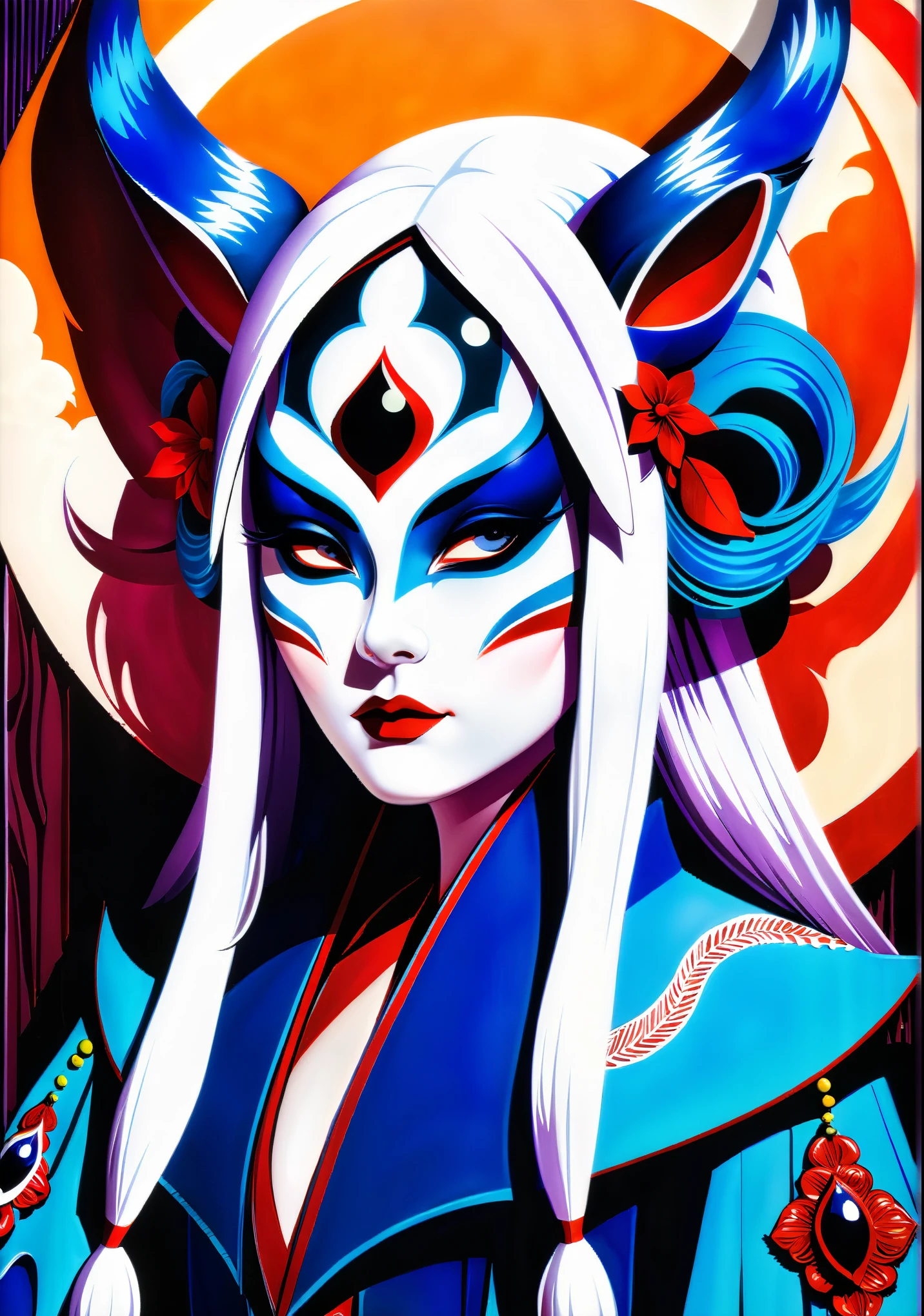 Tsukuyomi, Ancient Shinto Moon Goddess, Long silver hair, A long, gorgeous midnight blue and white kimono, (A smooth ceremonial fox mask made of pure white lacquered wood:1.3), (Ukiyo-e style:1.3), Big moon background, (Full body portrait), Mysterious, Mysterious, Creepy, Sacred, pious, Powerful, Breathtakingly beautiful, masterpiece, artful, delicate, soul, Complex background, nice, Very intricate details,