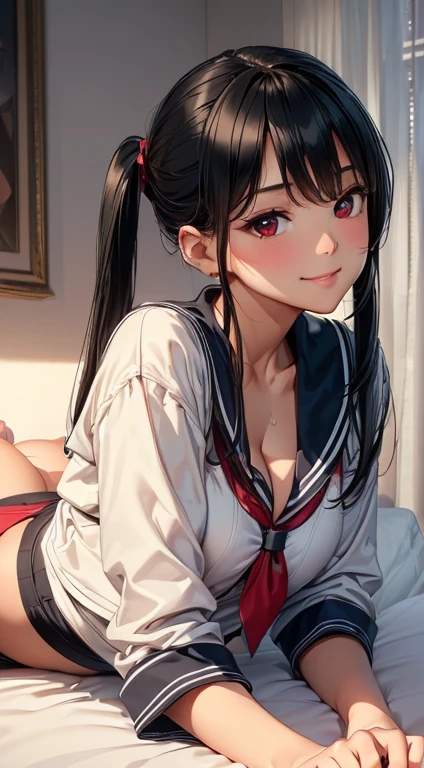masterpiece, top-quality, the Extremely Detailed CG Unity 8K Wallpapers, Ultra-realistic 8kCG, erfect artwork, The perfect female figure, Dramatic shadows, (spot light, Perfect ligthing, Detailed light, (((1girl in))), ((Sharp face)), ((long black hair, twintail hair)), (((sexypose))), Model body type, Navel is visible, large full breasts, ((cute face)), (gently smiling: 1.2), (bangs, beautiful eyelashes), red eyes, Beautiful face, (beautiful chest line:1.2), (cleavage), beautiful a girl, Exquisite facial features depicting the perfect face, blushing, Naturally beautiful, Sweating, slenderbody, Light and beautiful thigh expression, hi-school girl, high-school uniform, a sailor suit, pleatedskirt, stockings, (((Laying on bed))), awardwinning photo, detaile, realistic light and shadow, 8K resolution, Professional Lighting, (glistning skin:0.9), perfect hand,