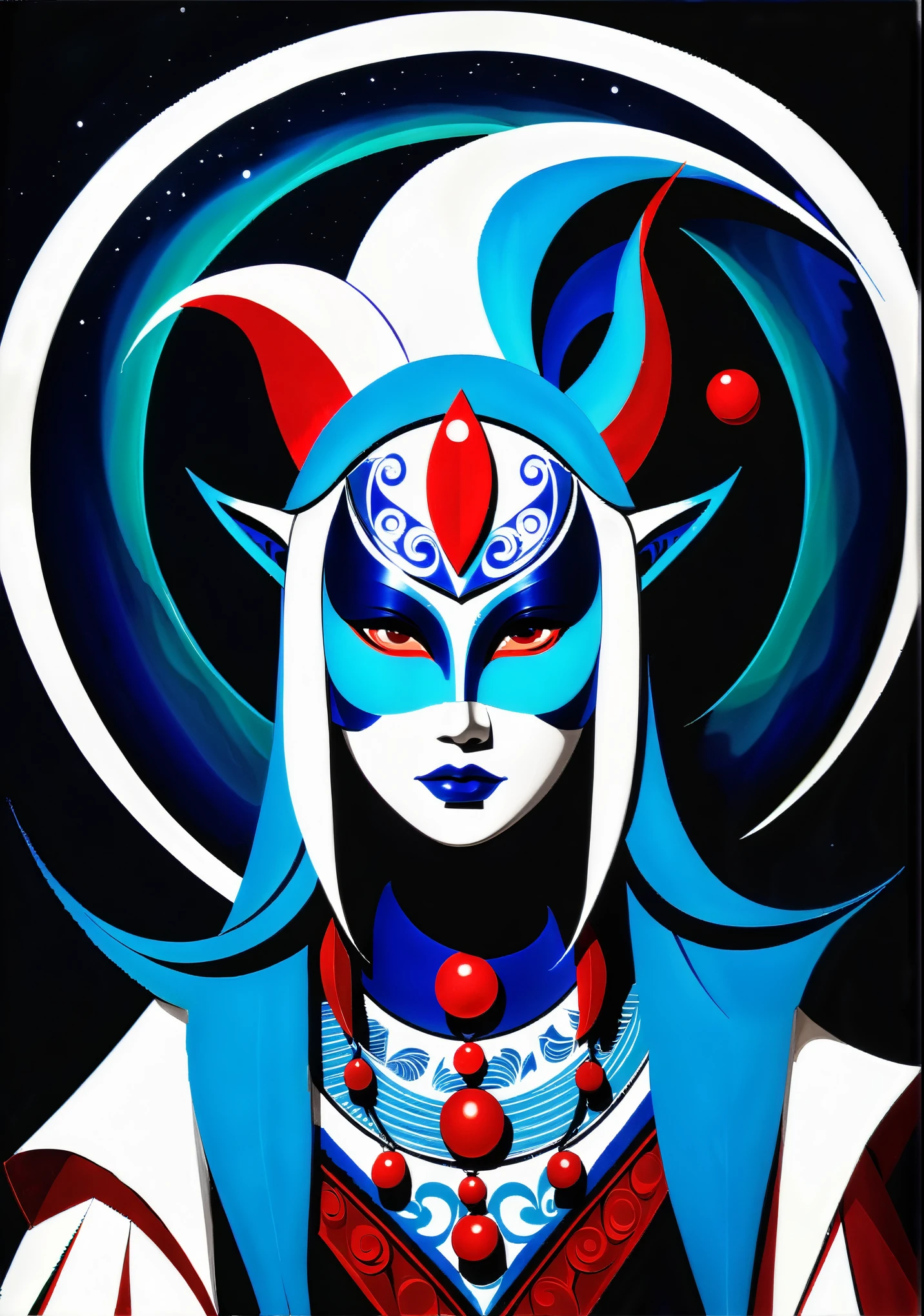 Tsukuyomi, Ancient Shinto Moon Goddess, Long silver hair, A long, gorgeous midnight blue and white kimono, (A smooth ceremonial fox mask made of pure white lacquered wood:1.3), (Ukiyo-e style:1.3), Big moon background, (Full body portrait), Mysterious, Mysterious, Creepy, Sacred, pious, Powerful, Breathtakingly beautiful, masterpiece, artful, delicate, soul, Complex background, nice, Very intricate details, 