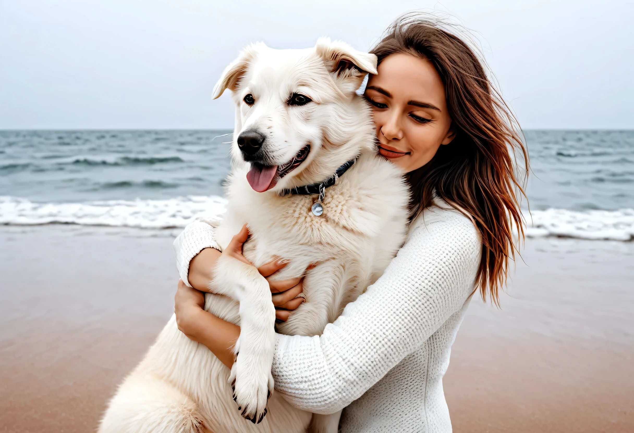 Photo of a woman hugging a white dog on the beach, Shutterstock, Photorealism, photomosaic, 8x, Pets, Highly detailed photo portrait, High-quality portraits, BL, Matte Photorealistic, Transparent Background