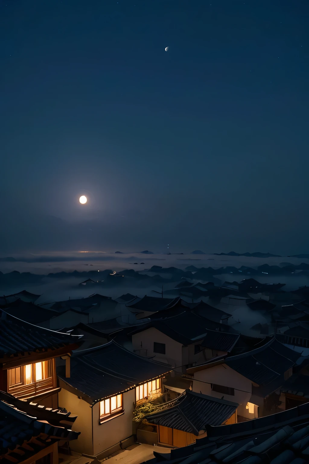 That night，The sun has already set，The moon has not yet risen。
Under the dark blue night sky，A quiet village wrapped in mist，From a distance, you can see dim yellow lights coming out of the windows of several houses.。