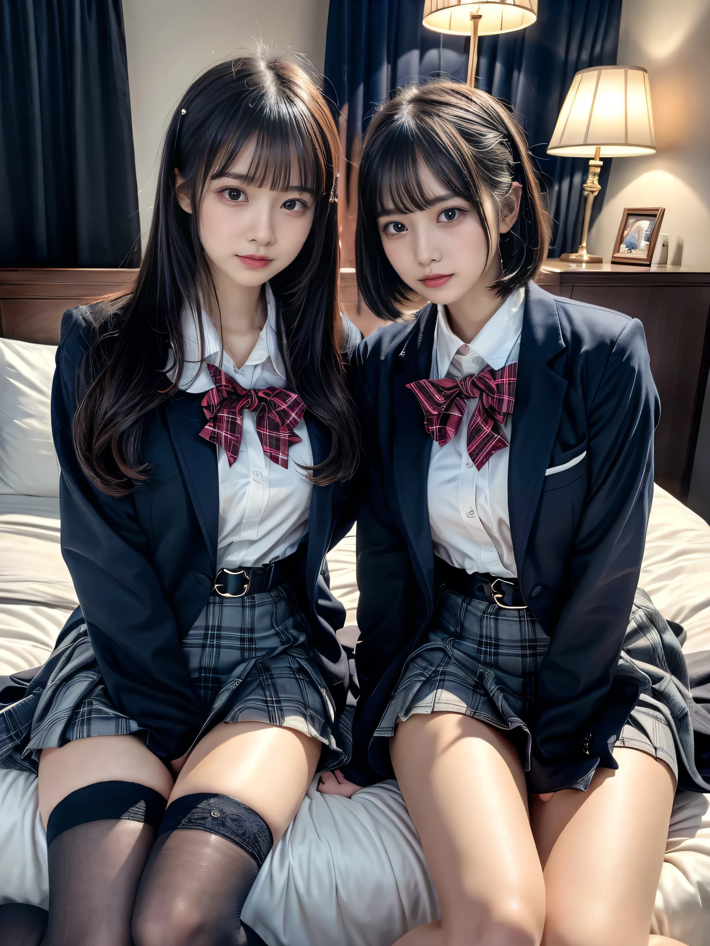 (8K, Raw photography, top-quality, masterpiece:1.2), muster piece, best quality, illustration, Super detailed, fine details, High resolution, 8K,wall paper, perfect dynamic composition,(Details High quality, realistic depiction of eyes:1.3), ((2 girls, 2 schoolgirls)), The background is a luxury hotel room、High school girl uniform、blazer 、Super Short Check Uniform Skirt、Navy blue high socks、garterbelts、Colossal tits、Disturbed uniform, Play with each other,Touching each other's bodies,Touching the body of the girl next door, short bob hair, black hair color, huge breasts, Big Natural Color Lip, bold sexy pose, (perfect body shape), crying a little、cold gaze, Harajuku style、Beautiful makeup,glitter makeup,Cutest 18 years old、 beautiful legs, hposing Gravure Idol, Voluptuous thighs