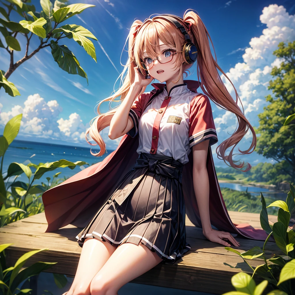 Pink Blue Gold Golden Hair、Golden Eyes、Two good looking girls、Twin tails、solo、anime、Checkered mini skirt、The skirt has buttons、Red T-shirt、China、Cape、Black knee-high socks、Wearing headphones、Wearing a ribbon、Ribbon on waist、Tilting face、Teeth are visible、Sunset sky、Water Mountain、Piercing the clouds、Contrail、Glasses、tree、Sitting、Touching your face、lotus leaves、canal、Cumulonimbus、bamboo forest、Facing each other