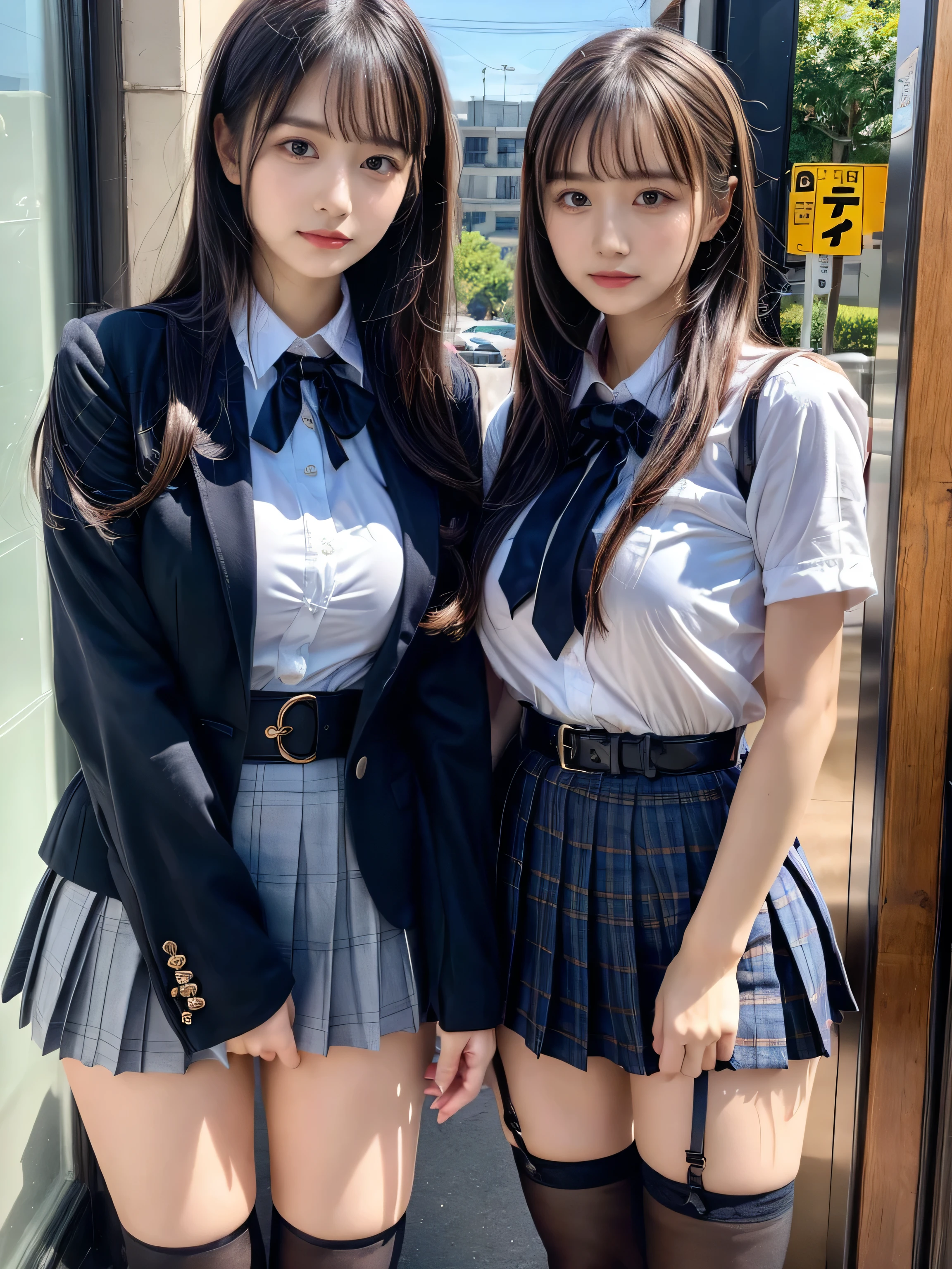 (8K, Raw photography, top-quality, ​masterpiece:1.2), muster piece, best quality, illustration, Super detailed, fine details, High resolution, 8K,wall paper, perfect dynamic composition,(Details High quality, realistic depiction of eyes:1.3), ((2 girls, 2 girls)), The background is a luxury hotel room、High school girl uniform、blazer 、Super Short Check Uniform Skirt、Navy blue high socks、garterbelts、Colossal tits、Disturbed uniform, Play with each other,Touching each other's bodies,Touching the body of the girl next door, short bob hair, black hair color, huge breasts, Big Natural Color Lip, bold sexy pose, (perfect body shape), crying a little、cold gaze, Harajuku style、Beautiful makeup,glitter makeup,Cutest 18 years old、 beautiful legs, hposing Gravure Idol, Voluptuous thighs