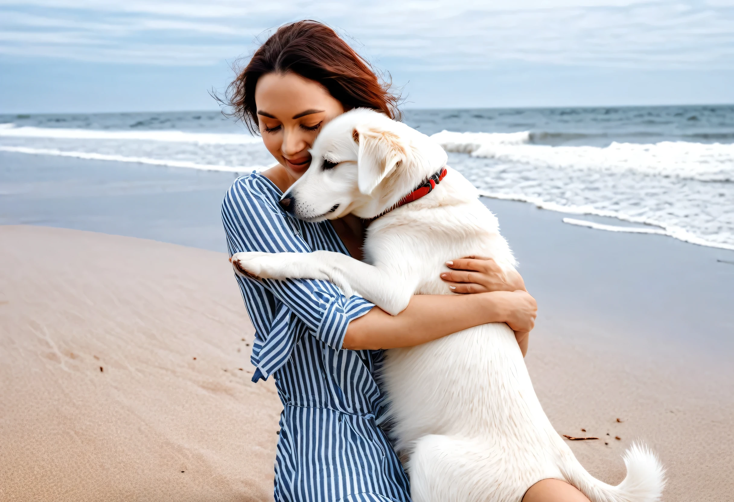 Photo of a woman hugging a white dog on the beach, Shutterstock, Photorealism, photomosaic, 8x, Pets, Highly detailed photo portrait, High-quality portraits, BL, Matte Photorealistic, Transparent Background