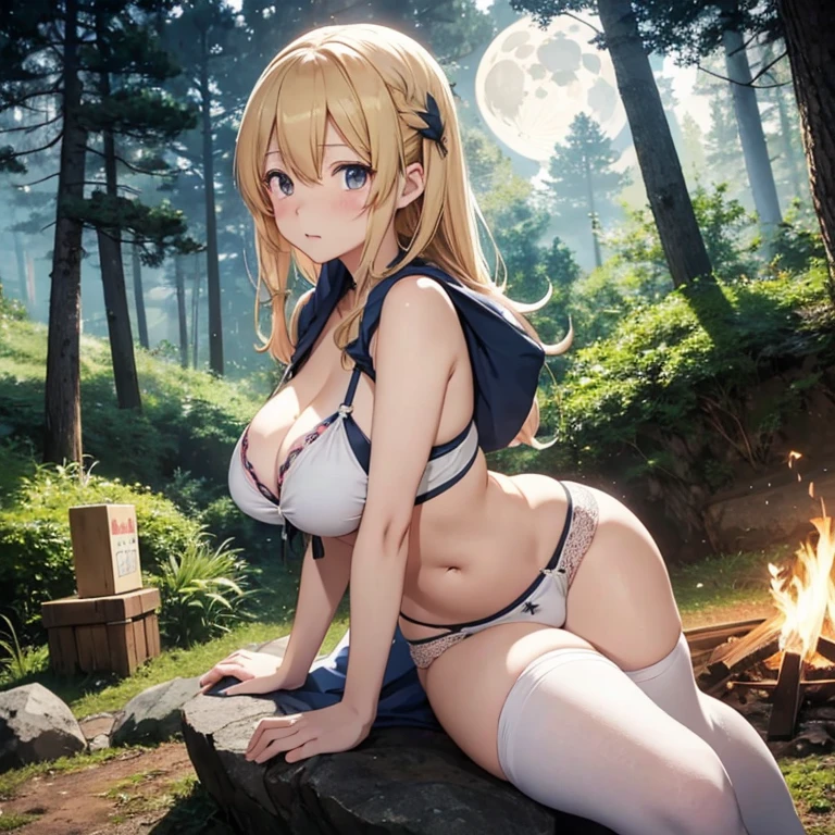 in the forestでキャンプファイヤーの周りに座っている数人の女の子, anime Laid-back Camp, Bonfire、moon、night、Laid-back Camp, at a campfire in the forest, Visual Novel CG, Anime Girls, nightのキャンプファイヤーで, Anime Style. 8k, Gweiz-style artwork, Anime Style like fate/Stay Night, evening!! in the forest, ecchi Anime Style、Camel Toe、Giant tit、Nipple Puffs、Cleavage、Plump、Super big breasts、Super big butt、Full body photo、Group photo、multiple