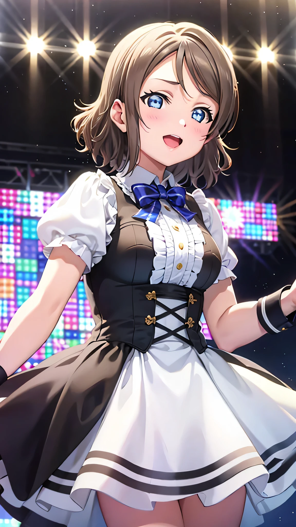 (((Perfect pixel, Perfect details))), Single, 1girl, You are Watanabe, Uranohoshi , dress, stage love live, sing, 