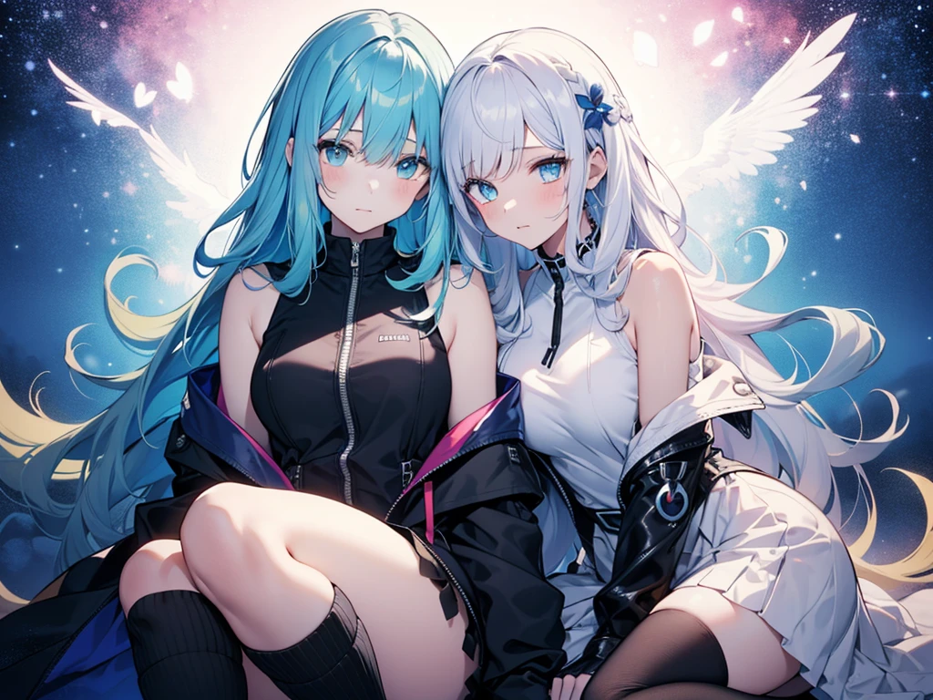 Red and white uniform、Light green eyes, Beautiful eyes in every detail、 iris、Shining Eyes, (((White and blue gradient hair)))、(((((One Girl))))),Multicolored Hair、Inner Color、28歳woman、Shortcuts、1 girl、(((Embarrassed look)))、Beautiful sky、8k background、Center of chest、whole body、woman、Sleeveless、(((Black Knee High)))、Beautiful background