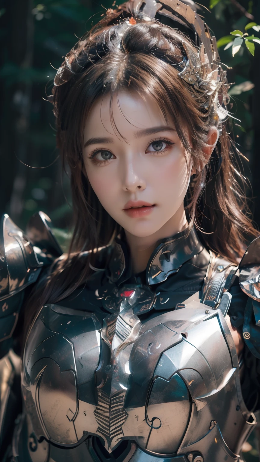 (Realistic lighting, highest quality, 8k, masterpiece: 1.3, Detailed face)), Clear focus: 1.2, Complex 3D rendering ultra detailed beautiful girl, a sserafimsakura, Perfect Eyes, Beautiful Face, ponytail, Mid-chest, In-person audience, (Ultra-realistic:1.5), (Standing in the forest:1.2), (Close-up photo:1.5), ((Black Paladin Carved Armor:1.2)), (Complex:1.2), (looking at the camera:1.2), (highest quality:1.2),