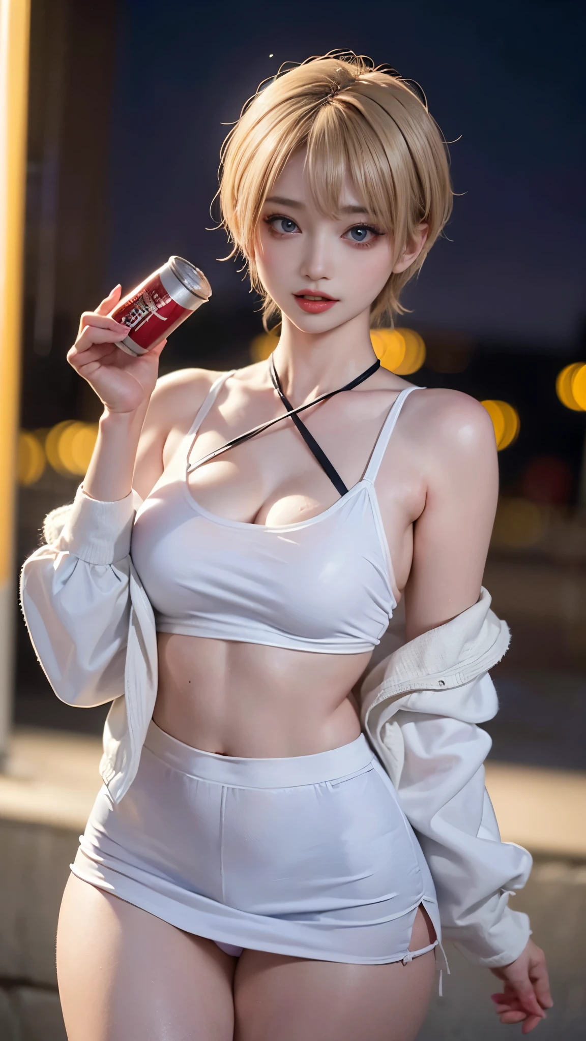 extremely detailed, best quality、masterpiece、detailed、(Mega boobs), (((Safe and secure、CERO A、All ages、safety sensor、Absolutely safe、sfw:1.5, safety)))、
masterpiece、best quality、detailed、ultra quality、extremely detailed、hires、ultra hires、8k, 32k
(Moody lighting:1.2), Written boundary depth, Bokeh, High resolution, 8k wallpaper, Realistic, Realistic, RAW Photos,
Detailed face、Detailed Background、
(Live Action、Intricate details)、blonde、pixi short hair、
(jirai makeUP:1.3、Red eyeliner、Light purple eyes, Blonde pixy short hair),
A woman in casual office fashion、Disheveled clothing、White shirt and mini skirt、One Woman Drinking Japanese Canned Beer, (Late Night:1.8, Ahegao:1.5, Drunk:1.4), Office lady、pantyhose, While drinking a can of beer、holding a beer can、beauty、Drunk 、Lean your body、Tired face、Drunk、Drunk and red face、I feel dizzy、Vomit、Vomiting、Outdoor、((steam,sweat、vulgar)),(Open your mouth and stick out your tongue:1.3, ahegao:1.2,rolling eye:1.2)
